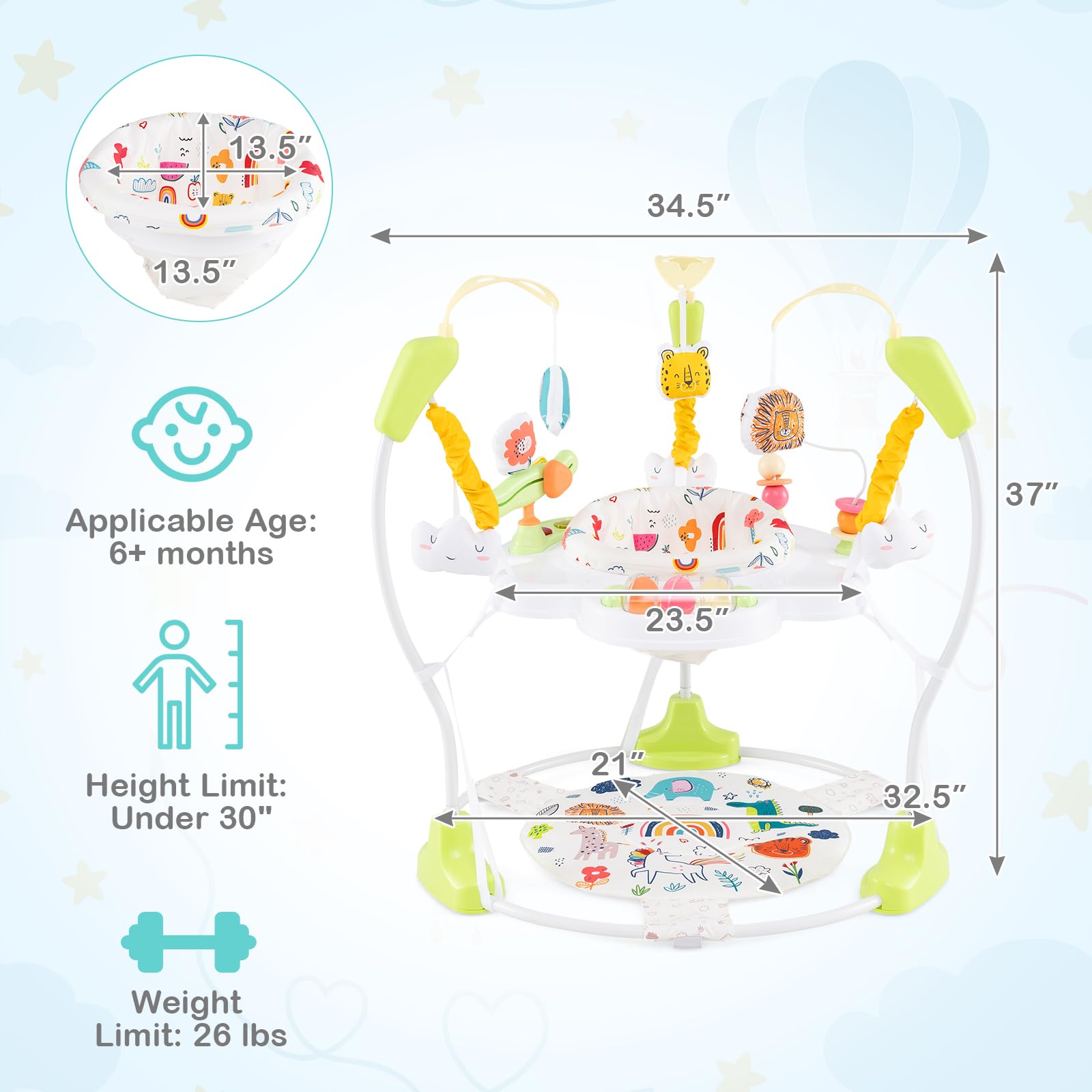 HONEY JOY Baby Bouncer Activity Center - 360° Rotating Jumperoo with Music, Lights & Developmental Toys | 3 Adjustable Heights for Infants 6-12 Months | Interactive Play Mat & Sound Effects | Perfect for Playtime, Learning & Motor Skill Development (Yellow)