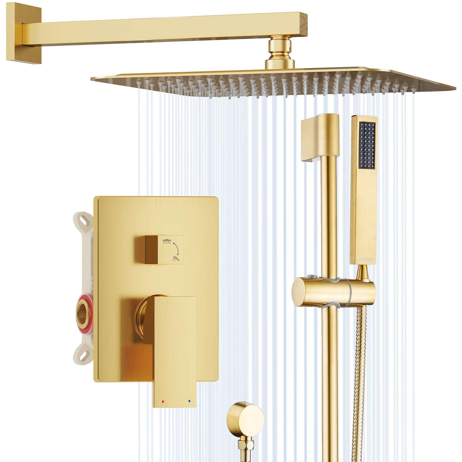 ESNBIA Brushed Gold Shower System - 10 Inch Rain Shower Head & Handheld Spray Combo, Wall Mounted Slide Bar Faucet with Mixer Valve, High Pressure Bathroom Fixture for Luxury Spa-Like Experience
