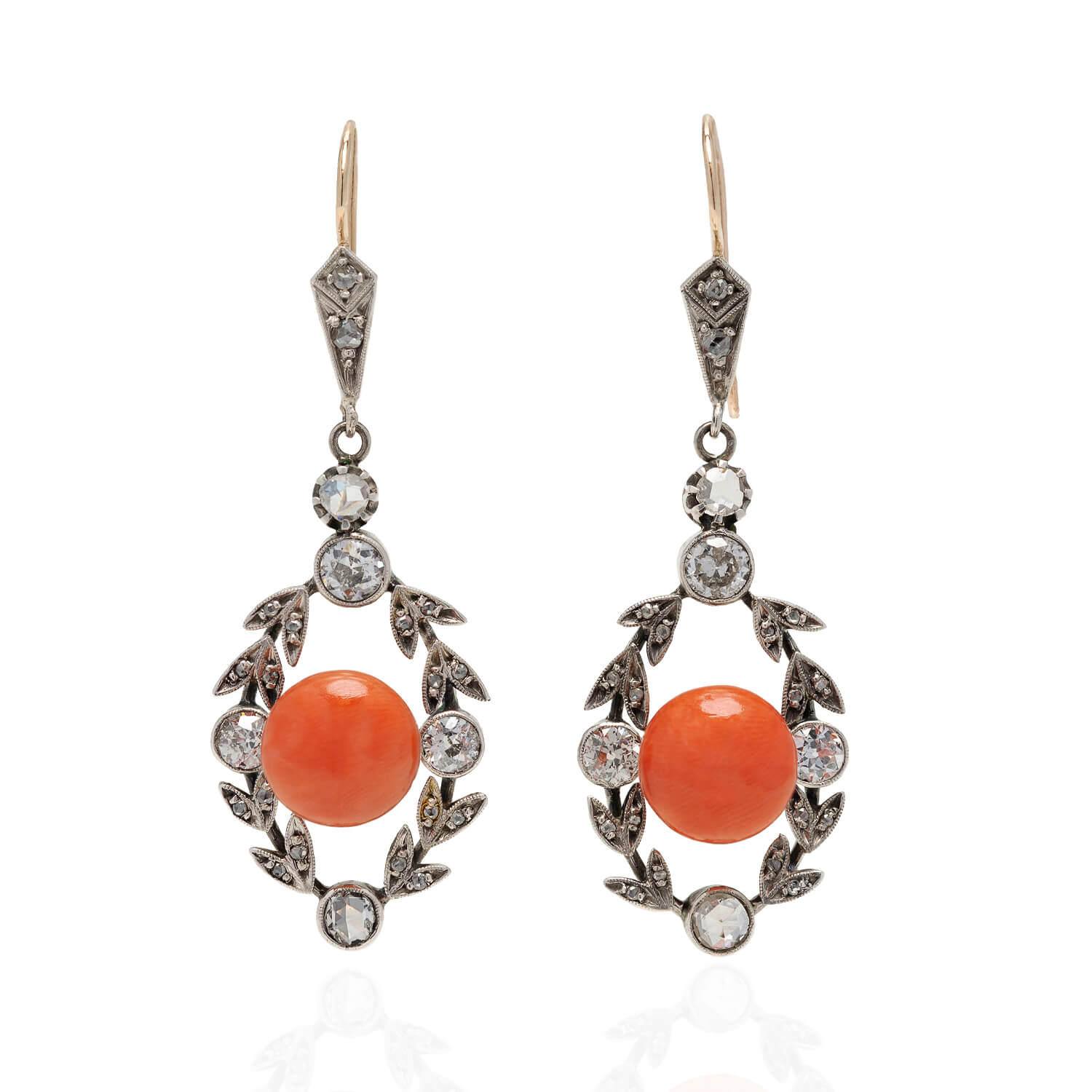 Victorian Style 14K Gold & Sterling Silver Natural Coral and Diamond Floral Dangle Earrings 2.75ctw - Elegant Vintage Jewelry for Weddings, Parties & Special Occasions