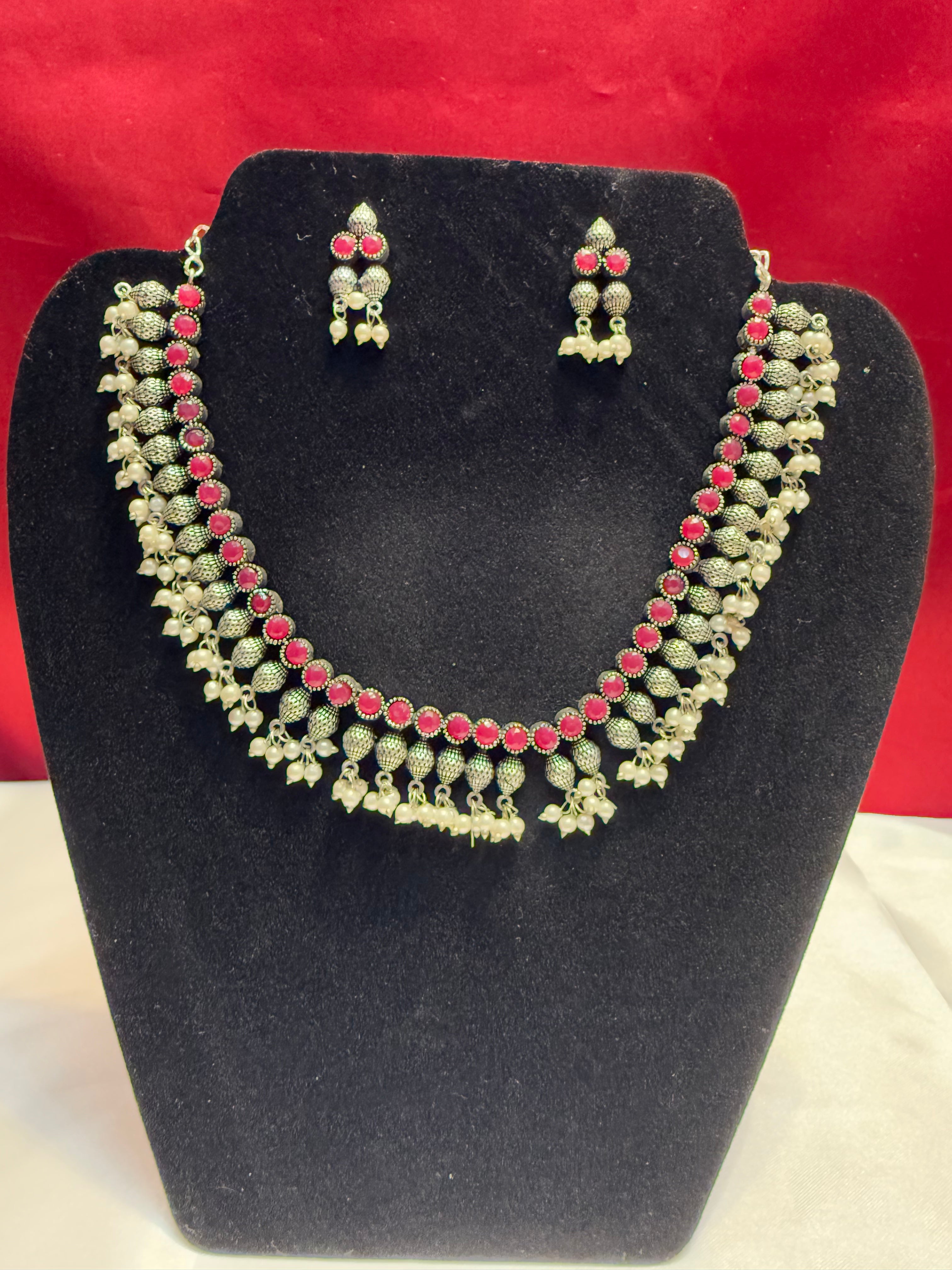 Elegant Magenta Pearl Drop Oxidized Necklace Set for Women - Perfect for Weddings, Parties & Special Occasions