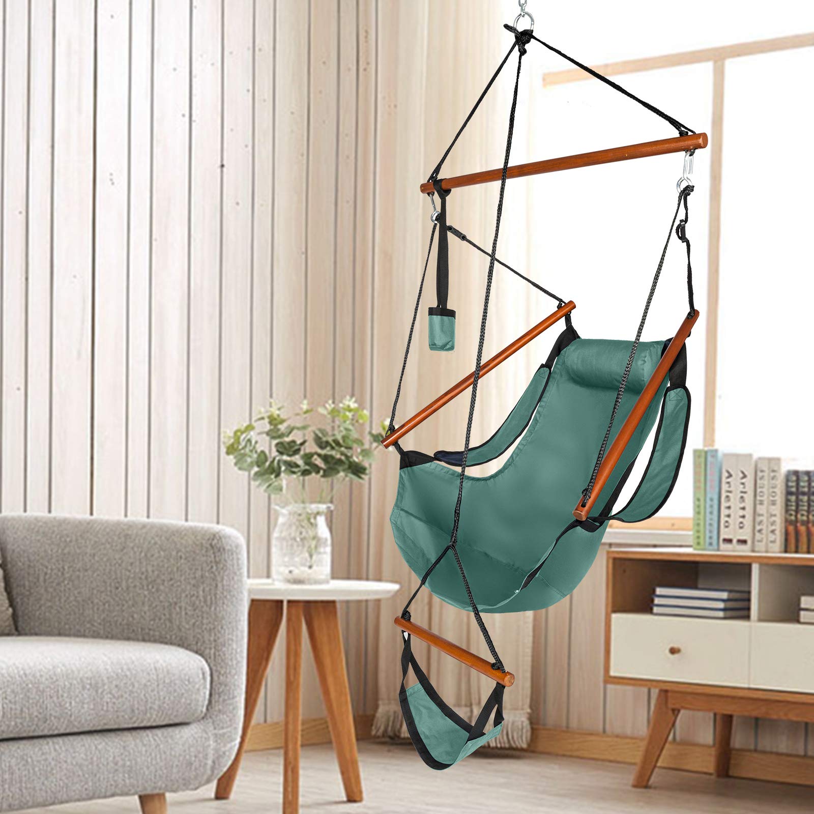 GT4-LY Oxford Fabric Hanging Chair with Cup Holder & Wooden Stick - 100kg Capacity, Perforated Design for Seaside, Courtyard, Garden & Outdoor Relaxation - Green