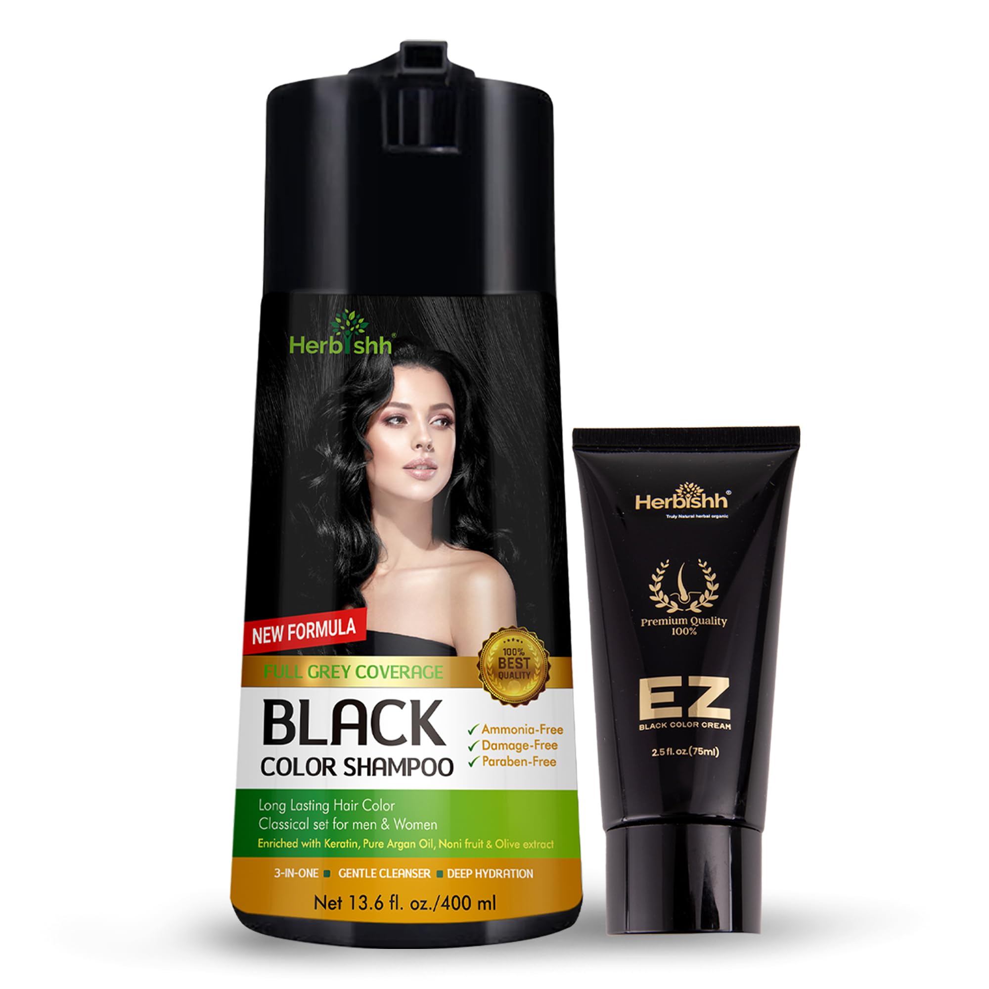 Herbishh Black Hair Color Shampoo & Cream Set for Gray Coverage - 400ml Permanent Natural Hair Dye for Men & Women - At-Home Hair Coloring Solution for Salon-Quality Results (Perfect for Touch-Ups, Root Coverage & Full Hair Coloring)