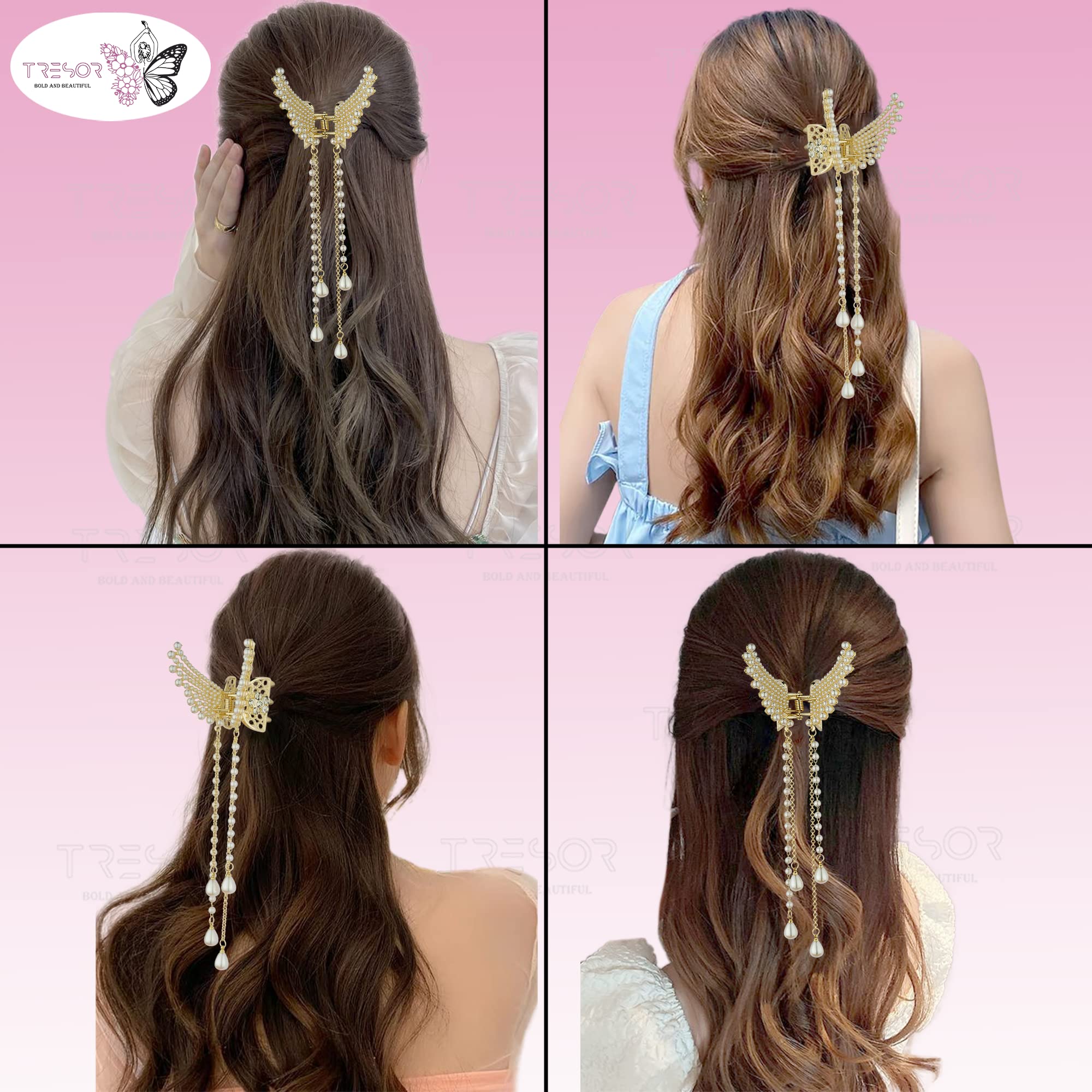 TRESOR Pearl Hair Clips for Women - Elegant Tassel Butterfly Metal Hair Claws, Stylish Hair Accessories for Parties, Weddings & Everyday Use