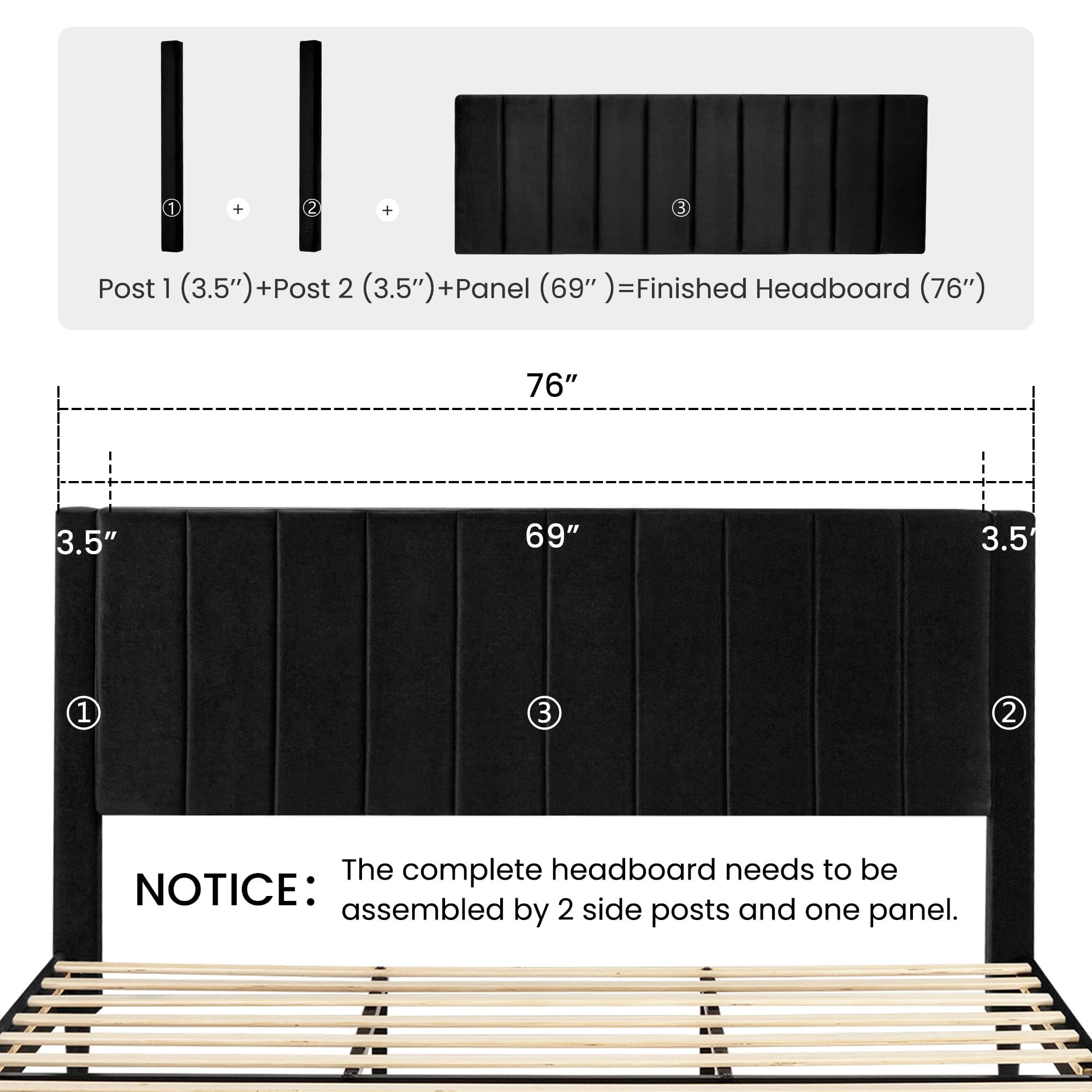 Luxury SHA CERLIN King Size Bed Frame - Velvet Upholstered Platform Bed with Headboard | Solid Wood Slat Support | No Box Spring Required | Perfect for Master Bedroom & Guest Room (Black)
