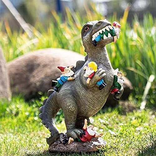 Dinosaur Eating Gnomes Garden Statue - Outdoor Decor for Patio, Lawn & Porch - Unique Yard Art Gift for Garden Lovers | Perfect for Halloween Decor, Fairy Gardens & Whimsical Landscaping