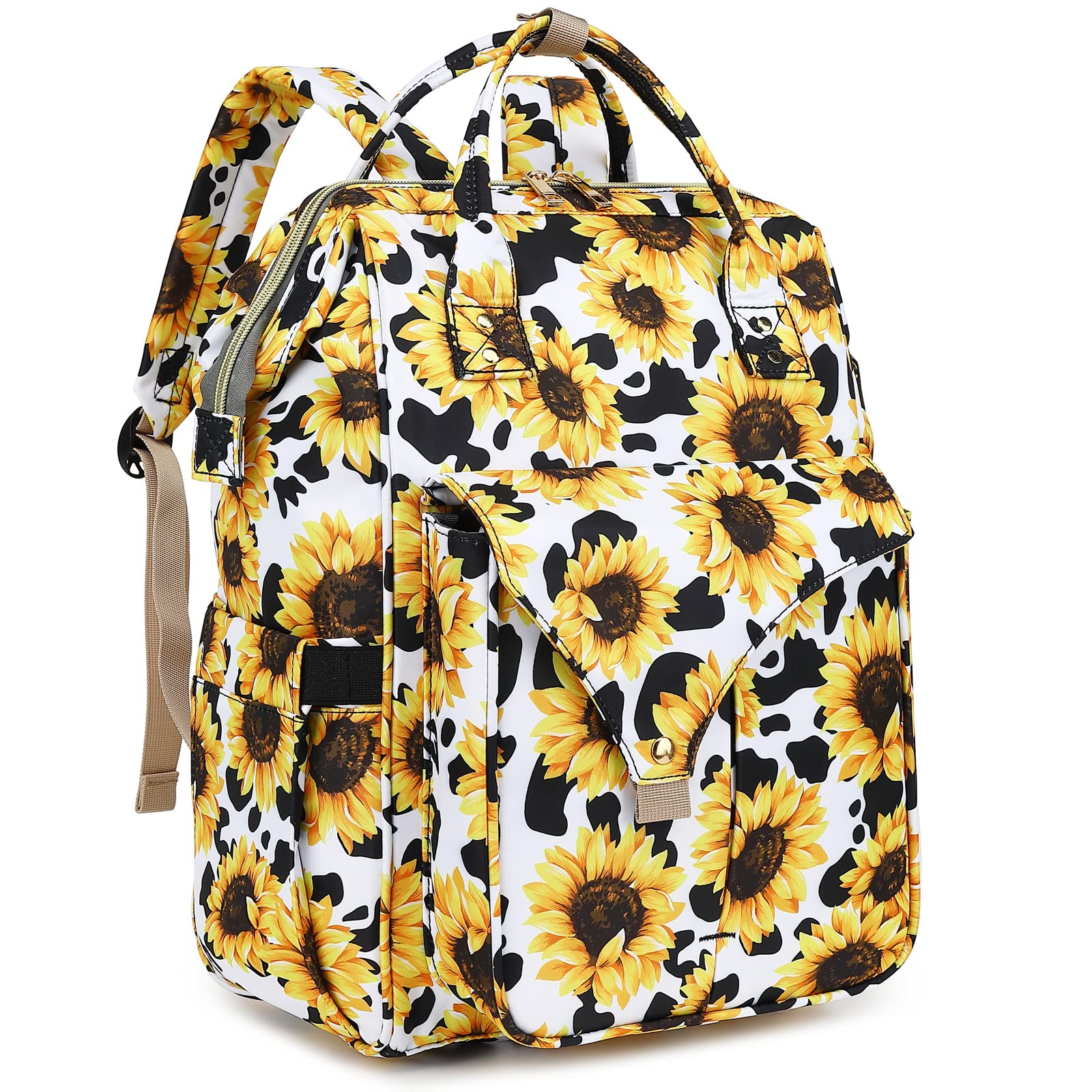 Stylish Sunflower Cow Print Laptop Backpack for Women - 15.6 Inch College School Bookbag, Nurse Backpack & Travel Daypack | Perfect for Work, School & Casual Outings