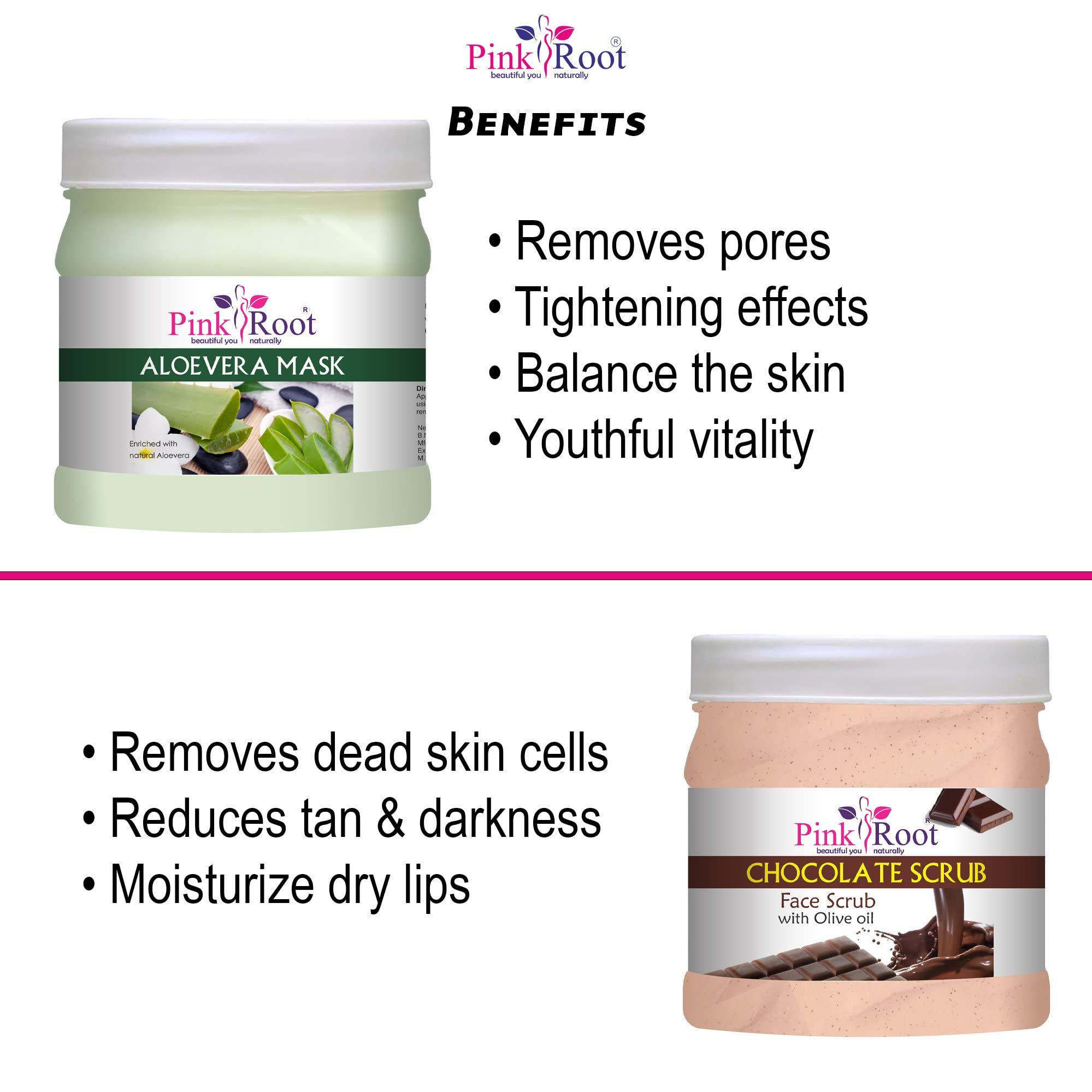 Organic Pink Root Aloe Vera Face Mask & Chocolate Body Scrub Set - 500g Each for Hydrating & Exfoliating - Spa Day at Home, Gift for Her, Skincare Routine