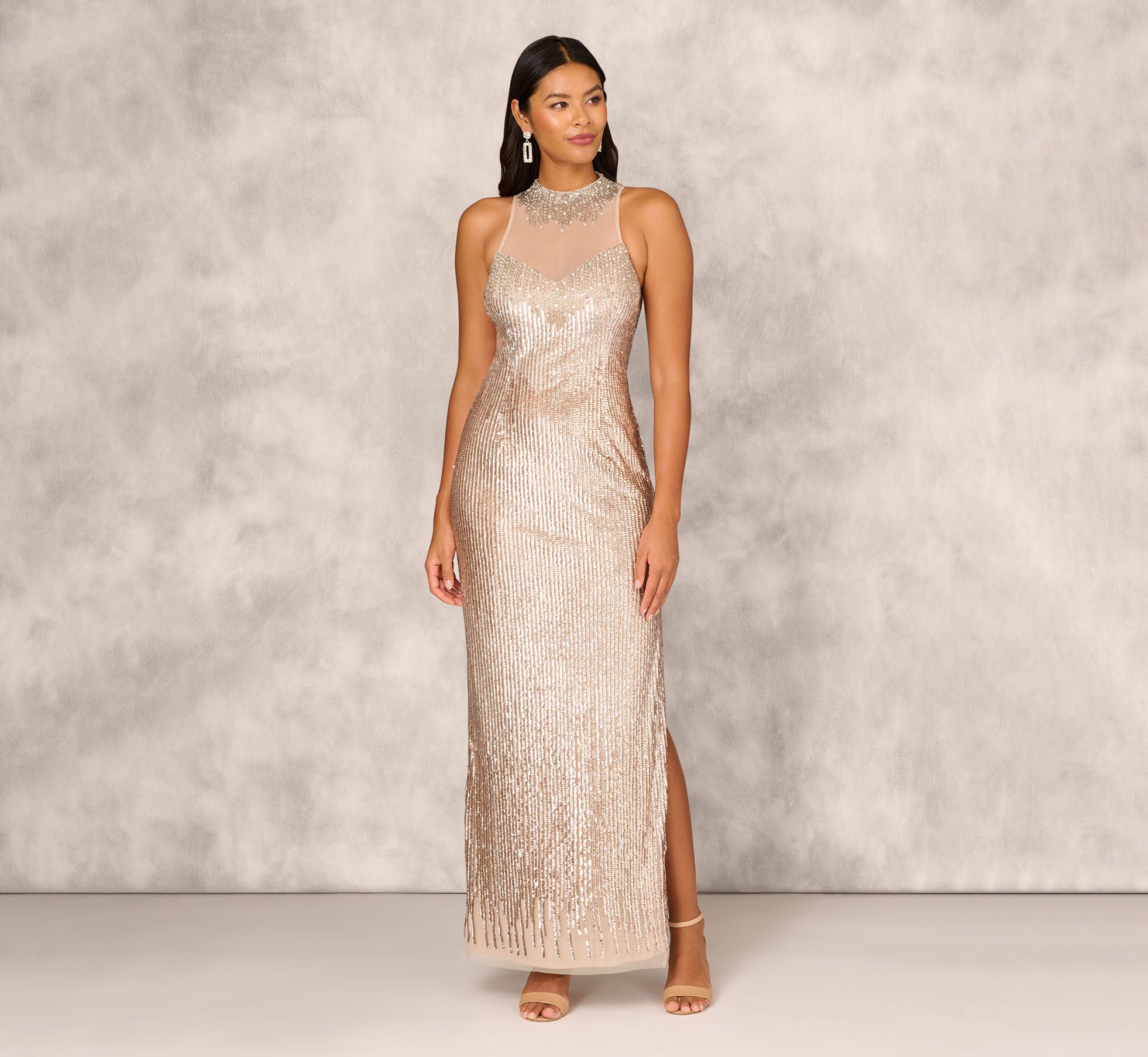 Elegant Sleeveless Beaded Column Gown with Illusion Neckline in Champagne - Perfect for Evening Galas, Weddings & Formal Events