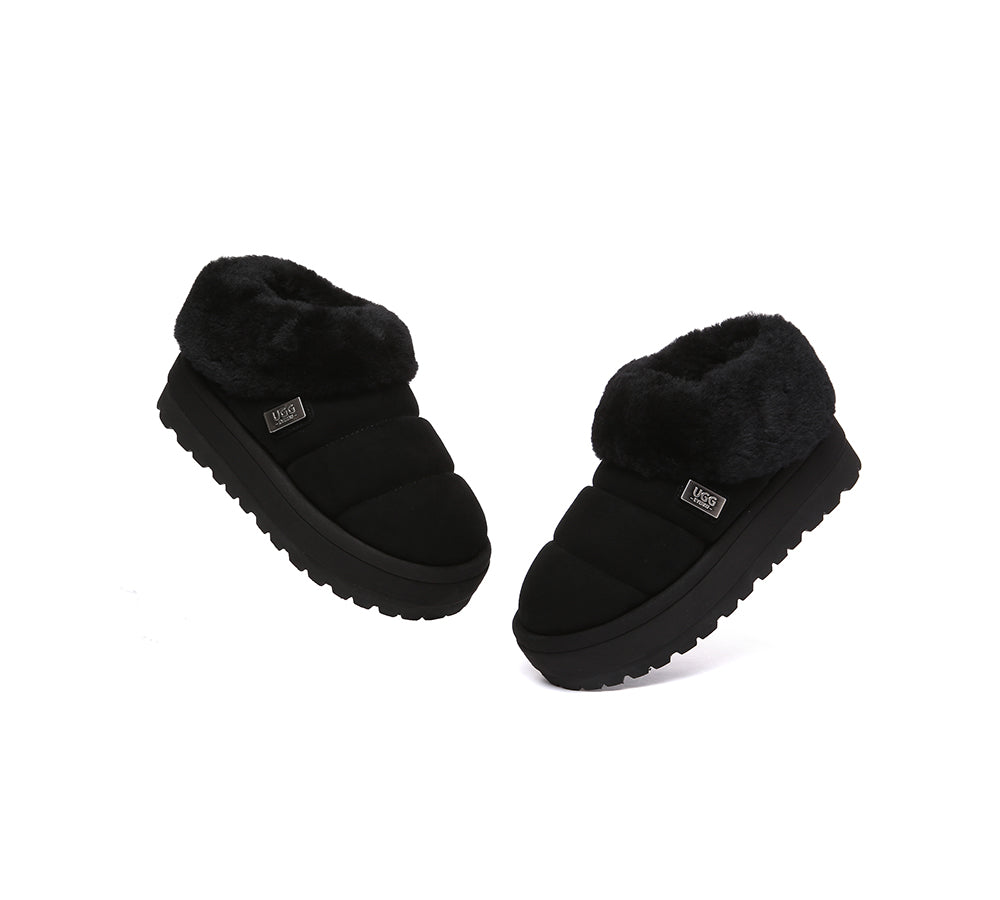 UGG EVERAU® Women's Sheepskin Wool Collar Ankle Slippers with Platform - Cozy House Shoes for Winter, Lounge & Indoor Comfort