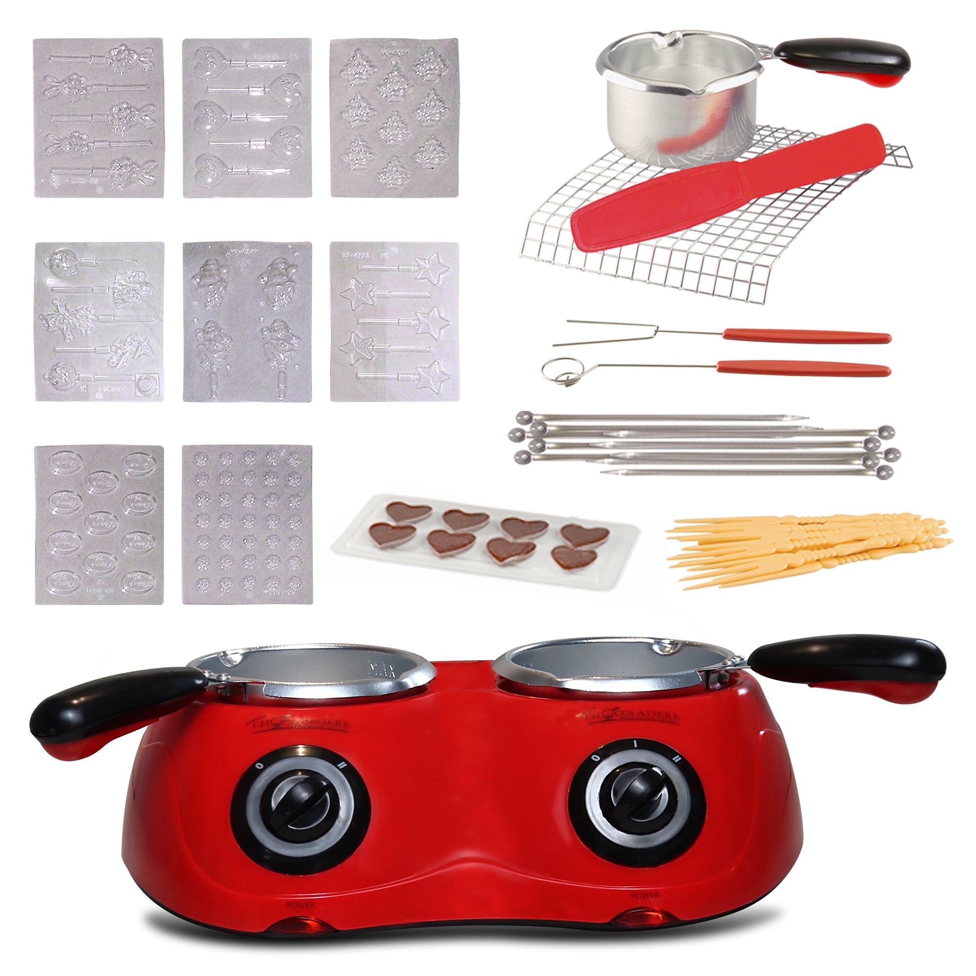 Total Chef Deluxe 17.6 oz (500g) Electric Chocolate Melter & Candy Fondue Pot - Dual Temperature Control for Melting Chocolate, Candy, Cheese - Includes 100+ Piece Accessory Kit for DIY Desserts, Parties, Weddings & Special Occasions (Red) - Perfect for Home Baking, Holiday Gifts & Candy Making