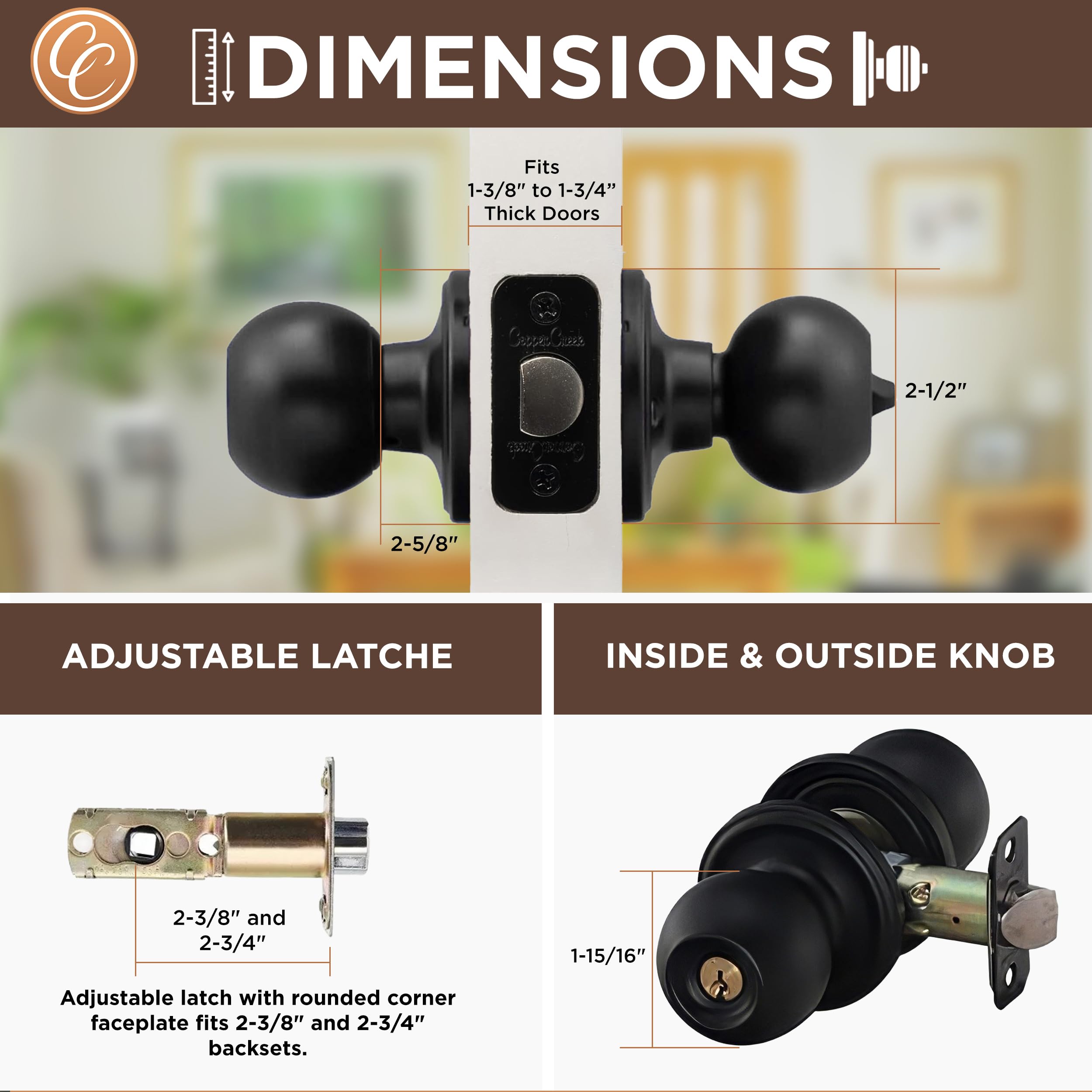 Matte Black Door Knobs with Key - 3 Pack for Bedroom & Bathroom Security