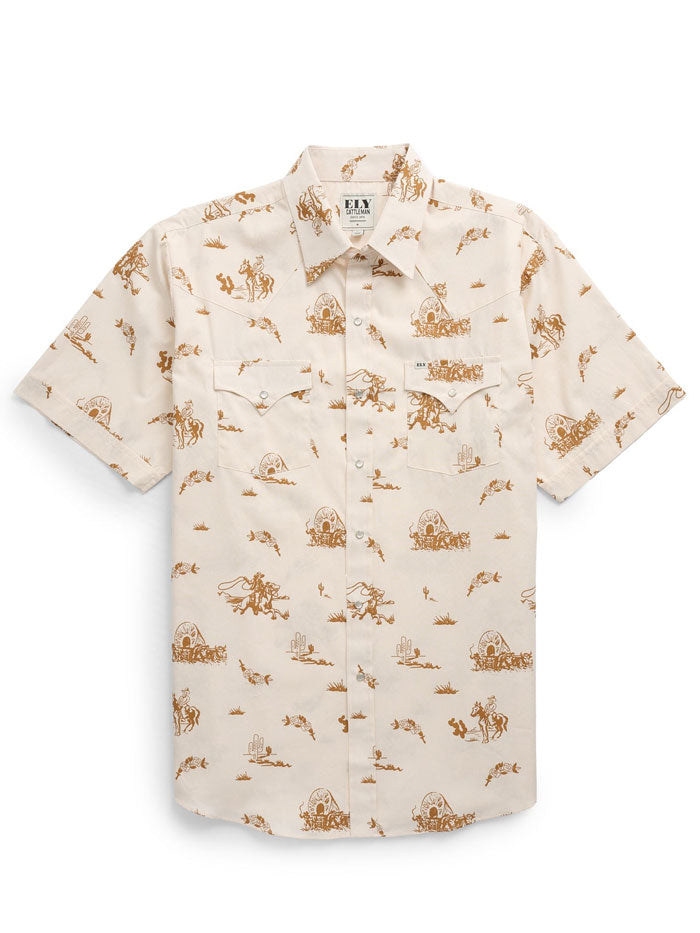 Ely Cattleman 2023116 EC Men's Short Sleeve Cowboy Shirt - Beige Ecru Western Print Shirt for Rodeo, Country Music Festivals & Casual Wear