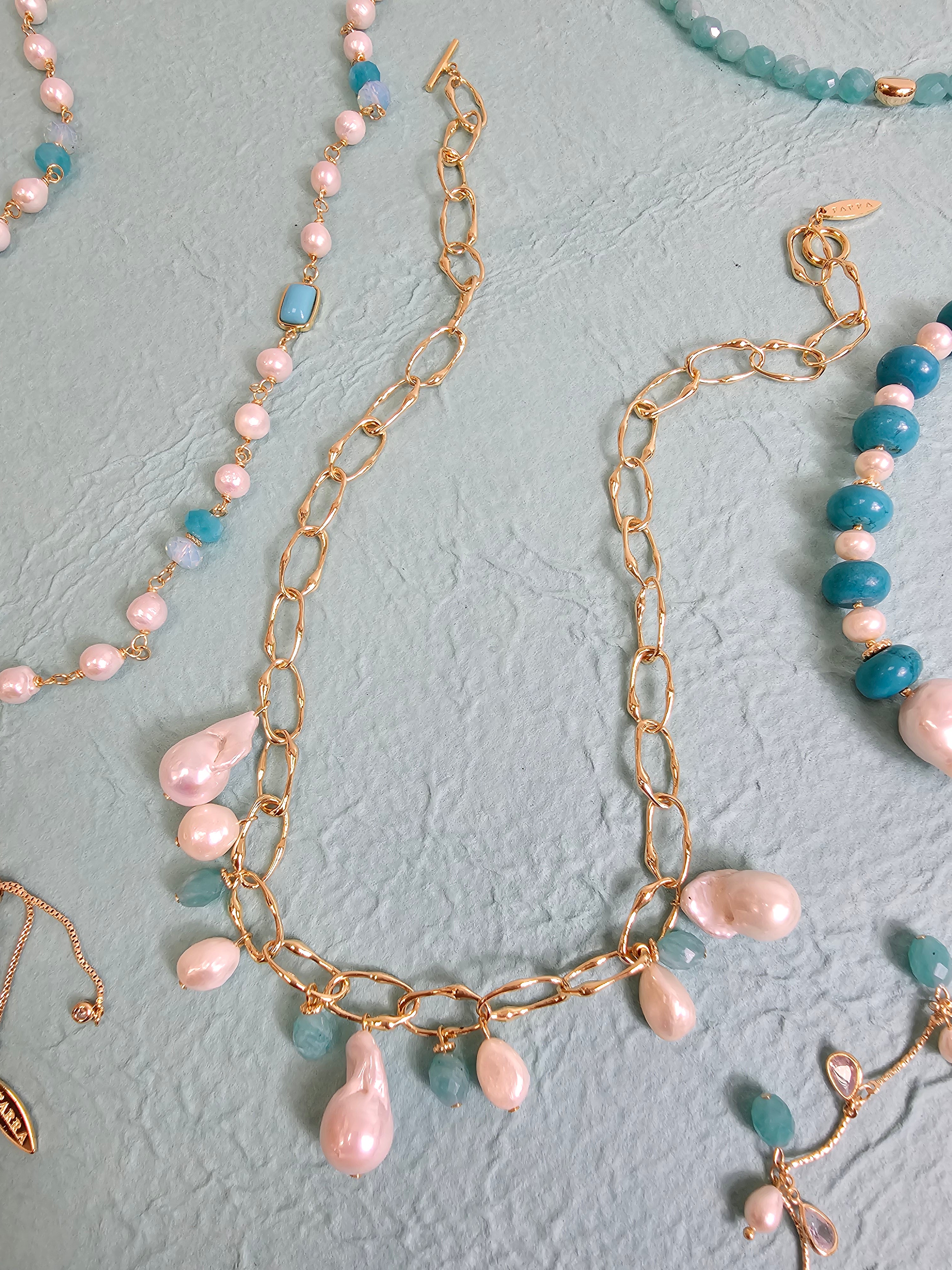 Elegant Baroque Pearls & Amazonite Charm Chain Necklace PN019 - Perfect for Weddings, Parties & Special Occasions