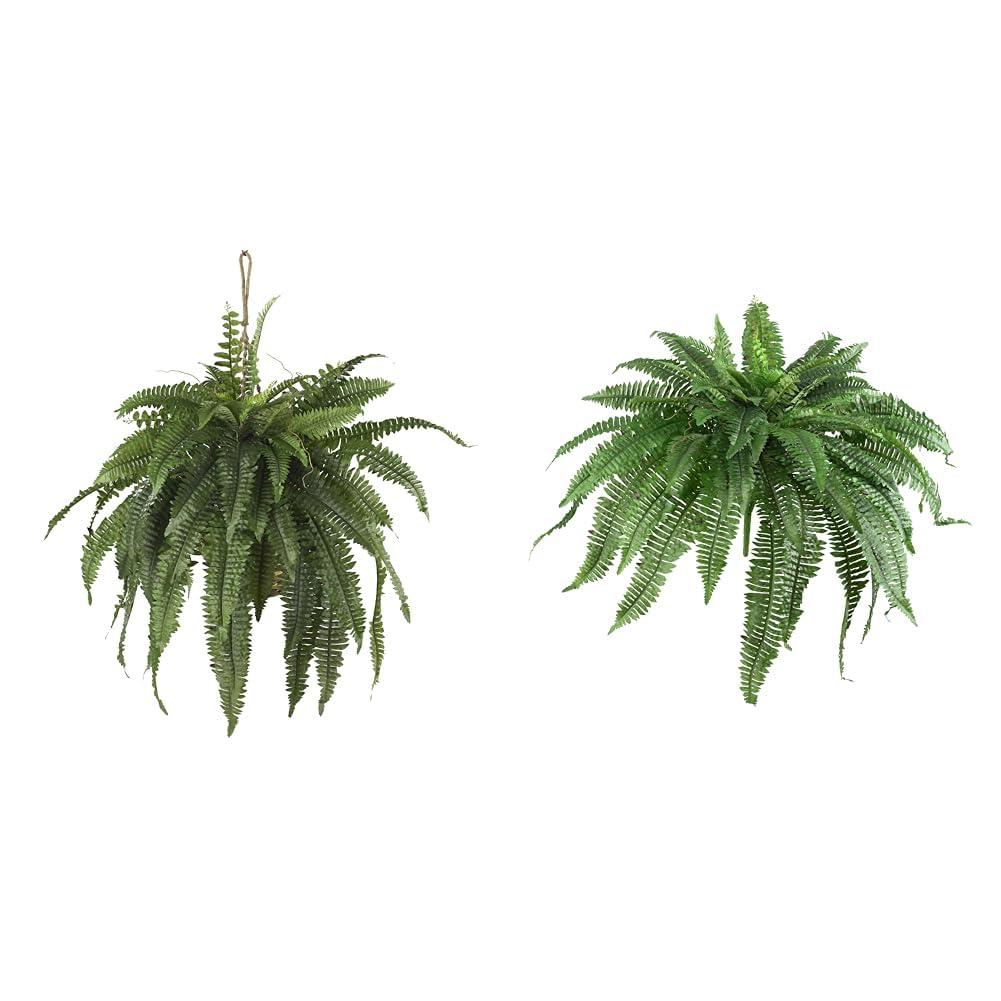 Nearly Natural 22in & 48in Artificial Boston Fern Hanging Plants - Set of 2 Realistic Fake Ferns in Hanging Baskets - Perfect for Indoor Home Decor, Porch, Patio & Office Greenery