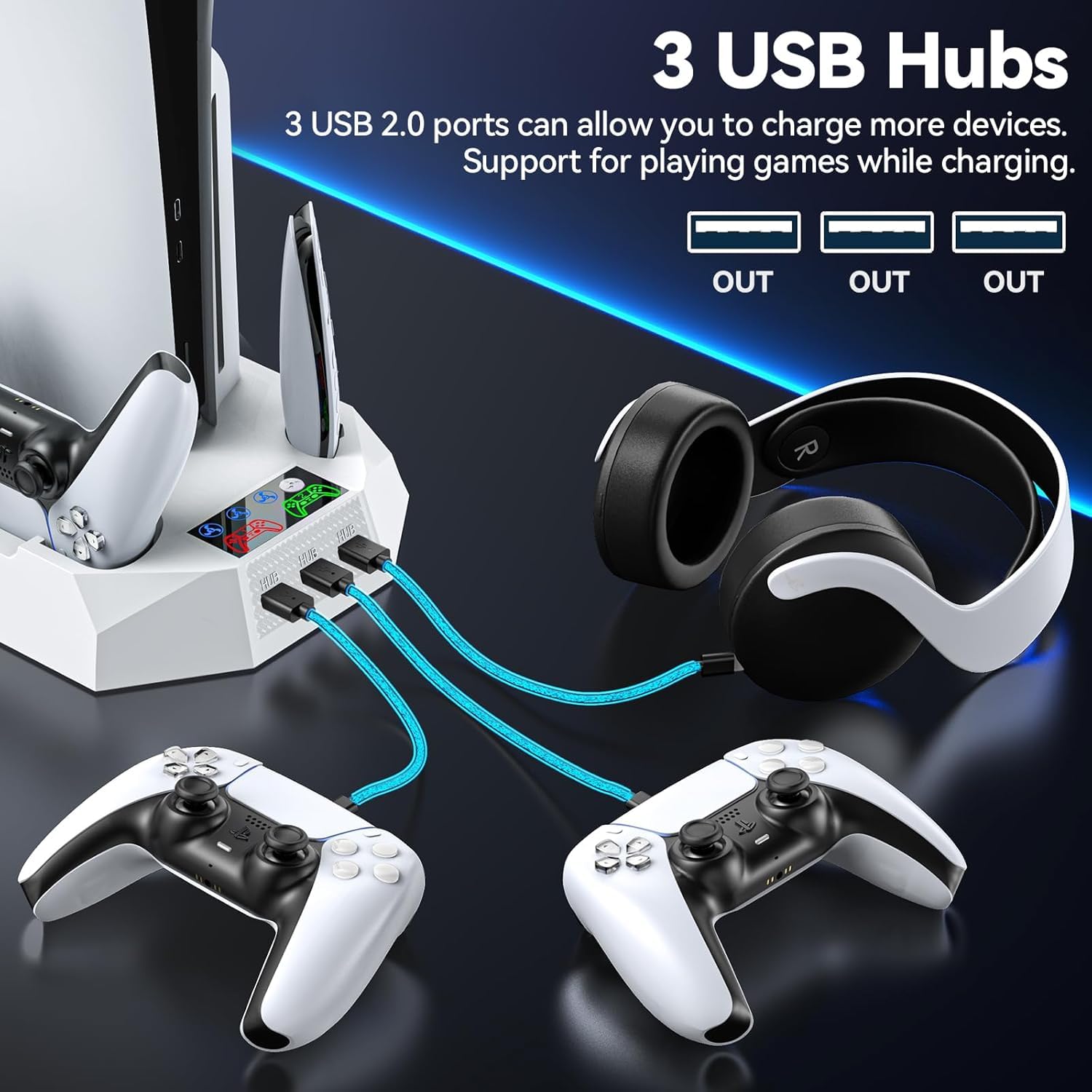 Tokluck PS5 Cooling Station with Dual Controller Charger - 3-Speed Cooling Fan, Headset Stand & 3 USB Ports for PS5/PS5 Slim/PS5 Pro - Perfect for Gaming Marathons & Console Protection