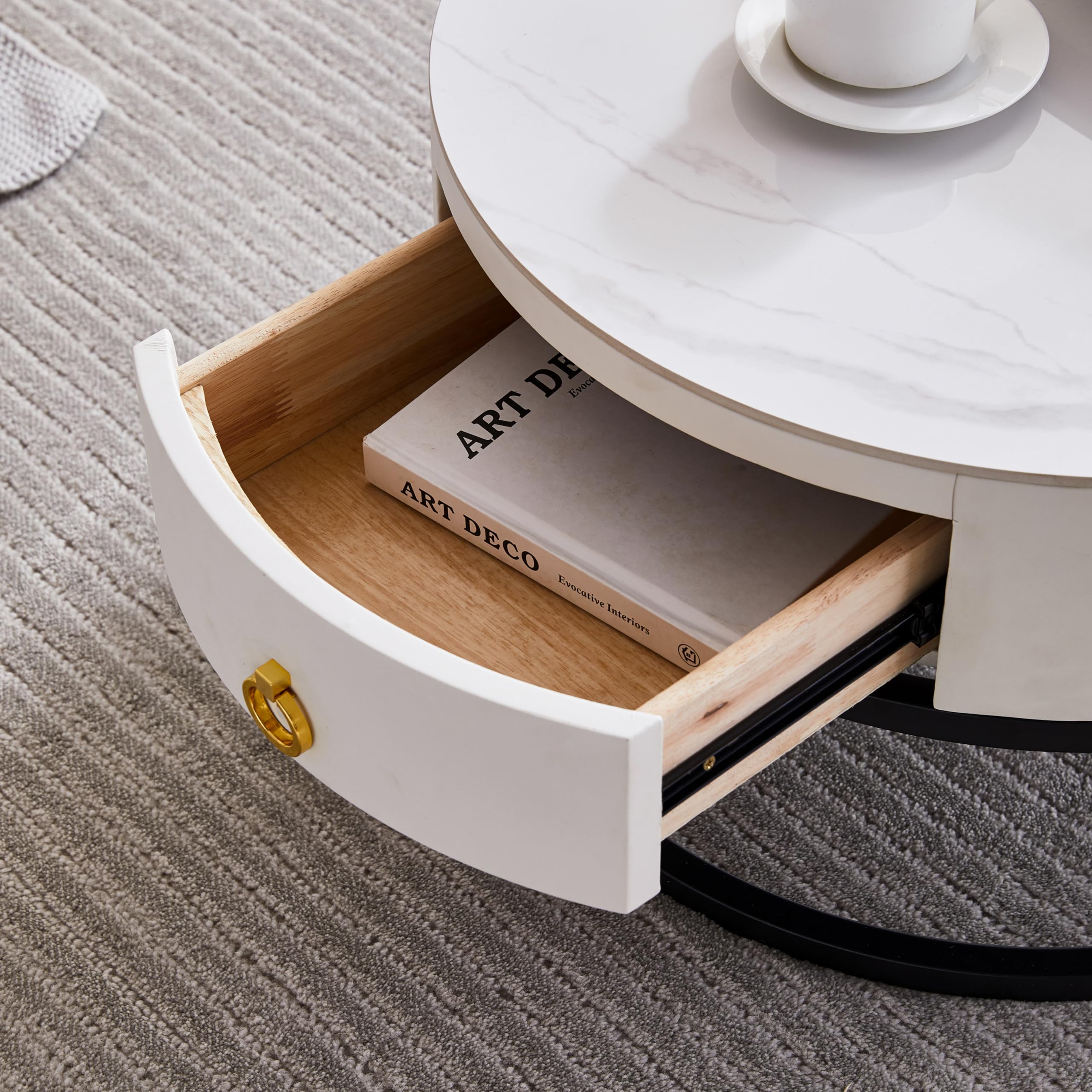 Modern Round Nesting Coffee Table Set of 2 with Sintered Stone Top & Metal Frame - Side End Tables with Hidden Storage Compartment for Living Room, Apartment, Office - Perfect for Small Spaces & Contemporary Home Decor