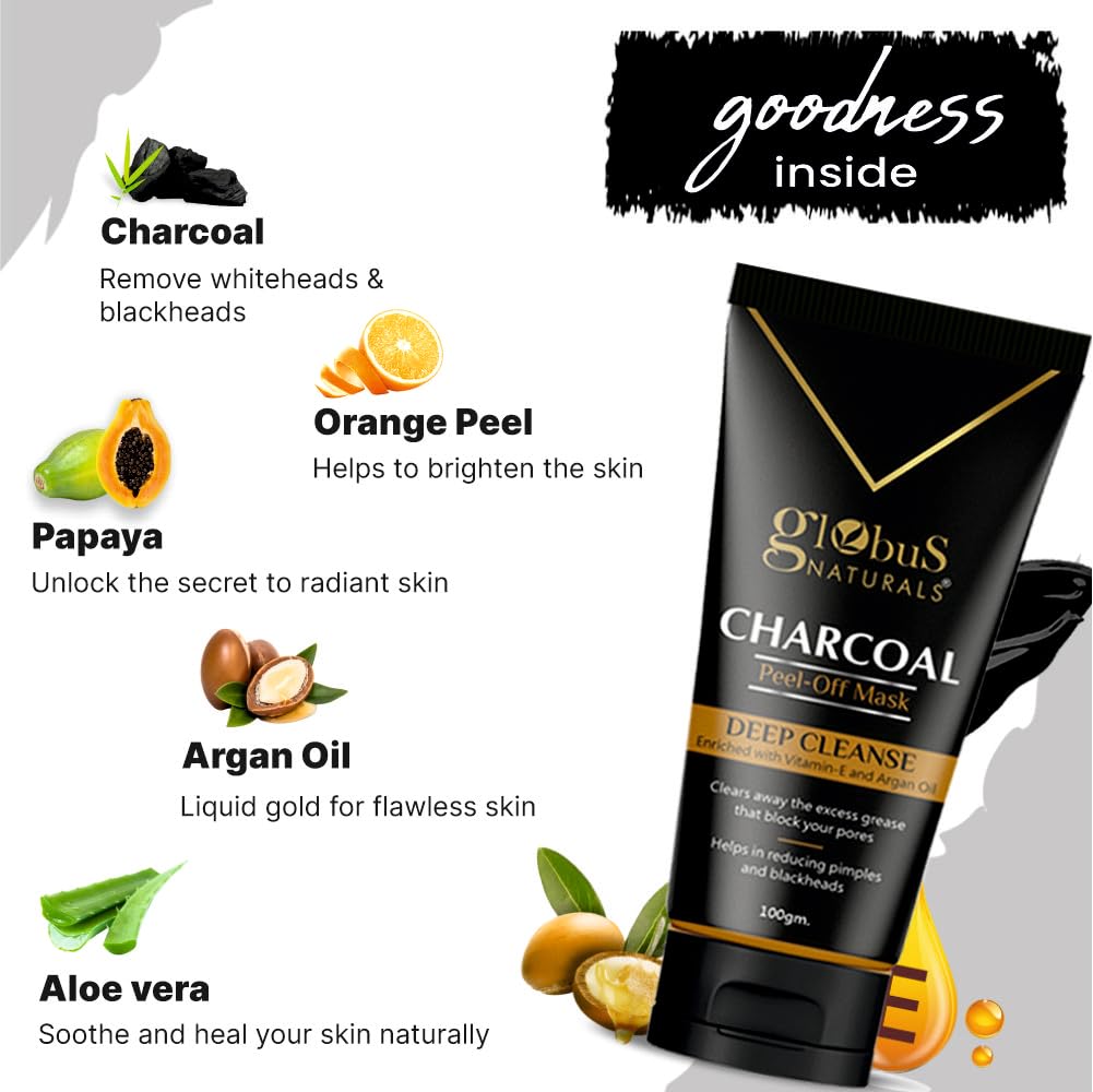 Globus Naturals Charcoal Detoxifying Face Wash & Peel Off Mask Set - Deep Cleansing, Exfoliation, Anti-Acne Treatment for Men & Women | Blackhead Removal, Pimple Control | Perfect for Daily Skincare & Spa Nights at Home