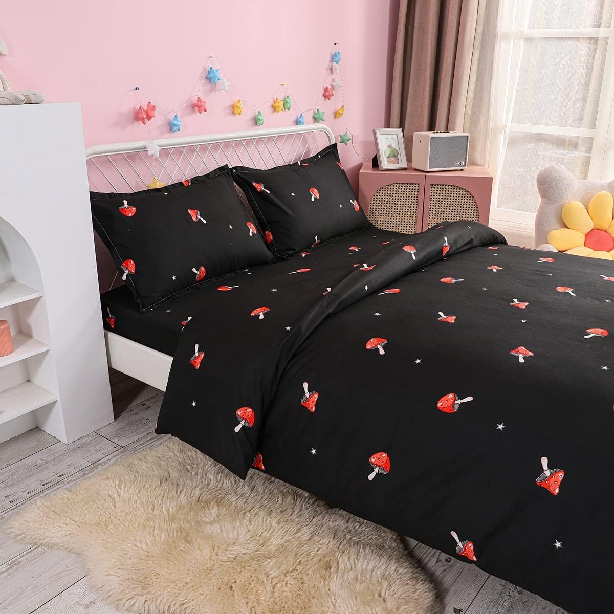 Cute Mushroom Duvet Cover Twin Size - Kawaii Cartoon Bedding Set with Red Mushroom Print - Farmhouse Botanical Comforter Cover for Kids Room - Soft Zipper Closure (Black) - Perfect for Nursery, Children's Bedroom & Cozy Farmhouse Decor