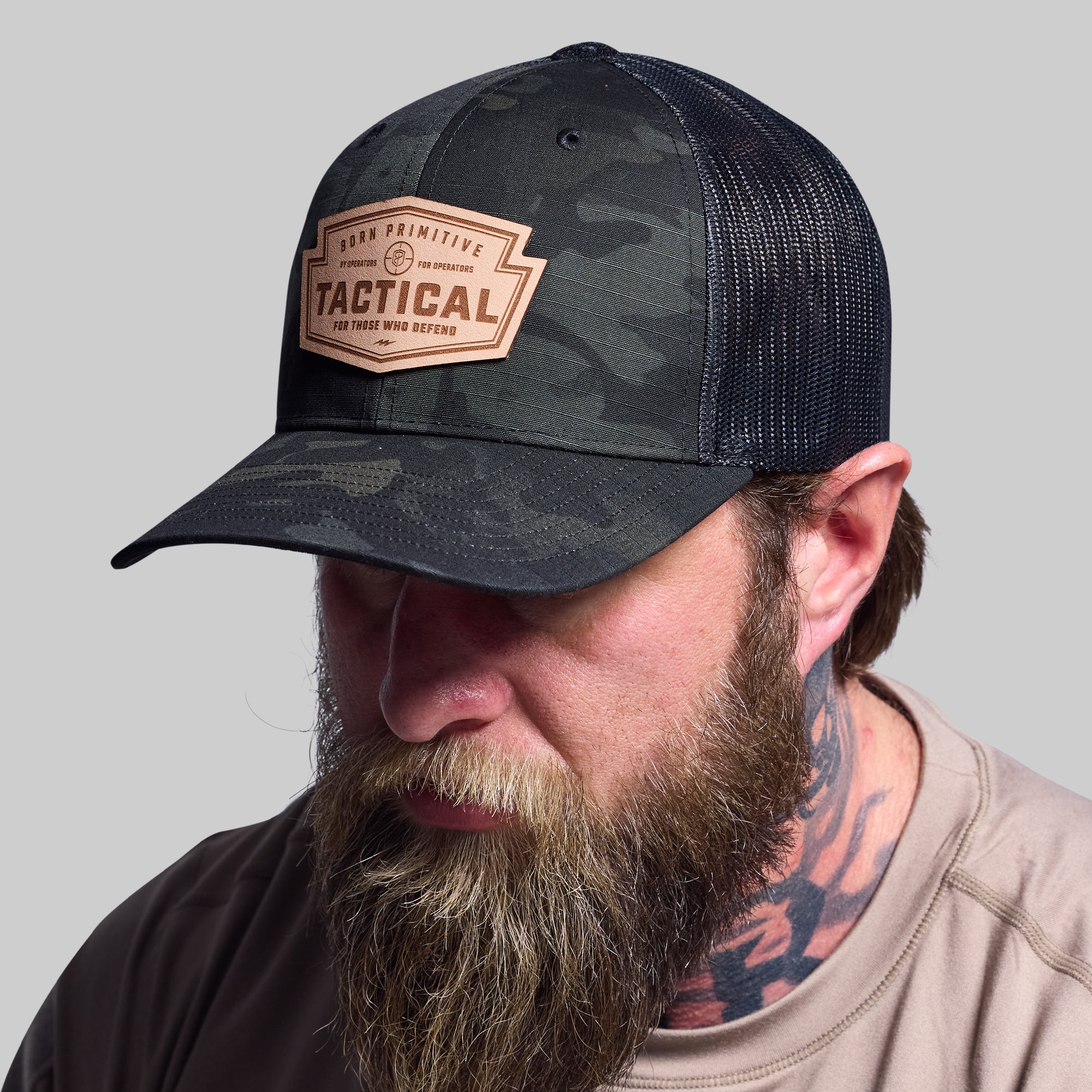 Tactical Light Leather Patch Trucker Hat - Black Multicam | Military Style Cap for Outdoor, Hunting & Casual Wear