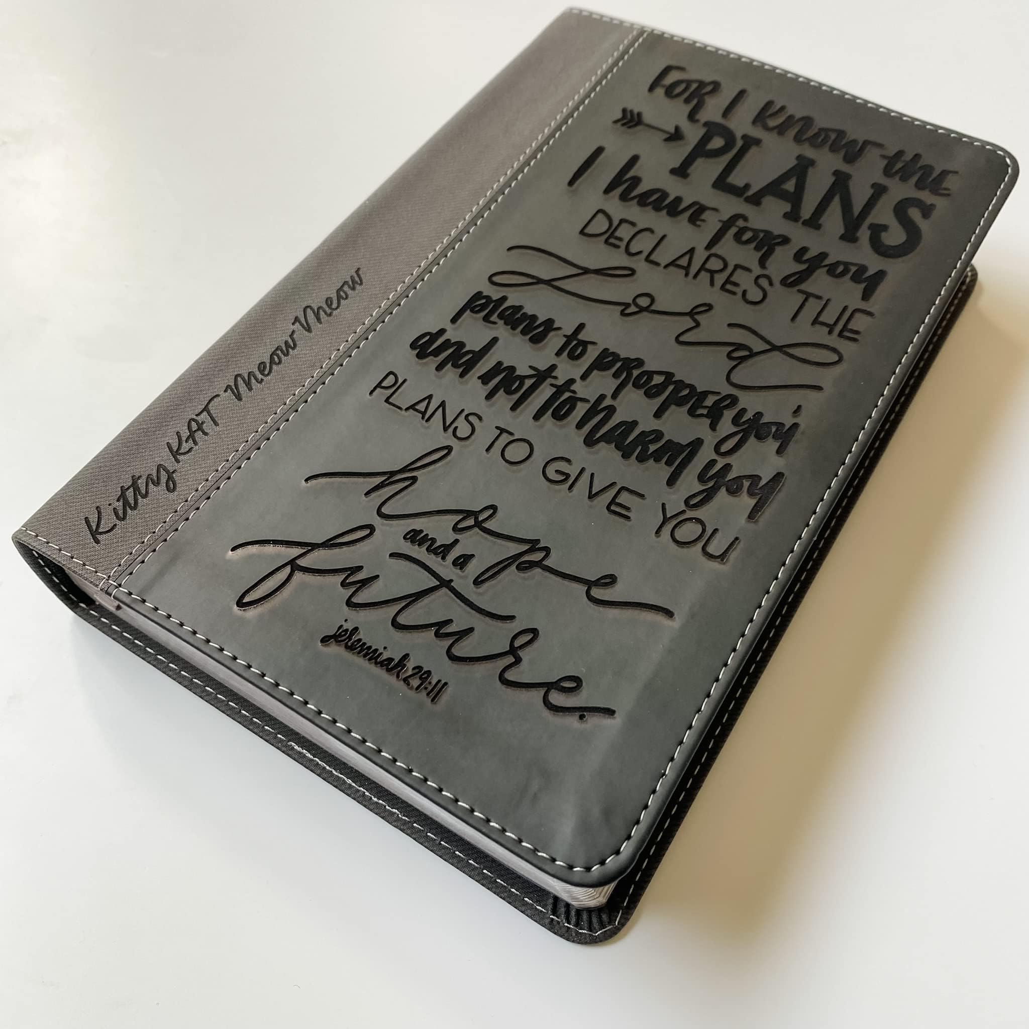 Hand Lettered & Laser Engraved NIV Black/Gray Leathersoft Bible - Custom Name Personalization - Perfect Wedding, Baptism, Graduation & Birthday Gift - Ideal for Church, Bible Study & Daily Devotion