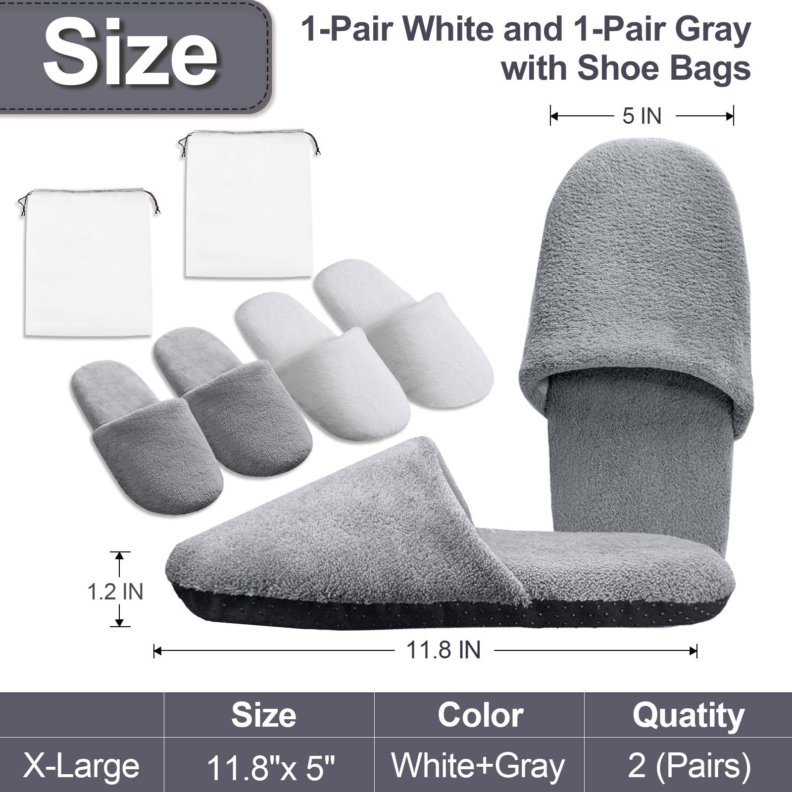 2 Pairs Disposable Slippers with Travel Bags - Large Size Comfortable Guest House Hotel Slippers for Travel, Spa, Home & Hospitality Use