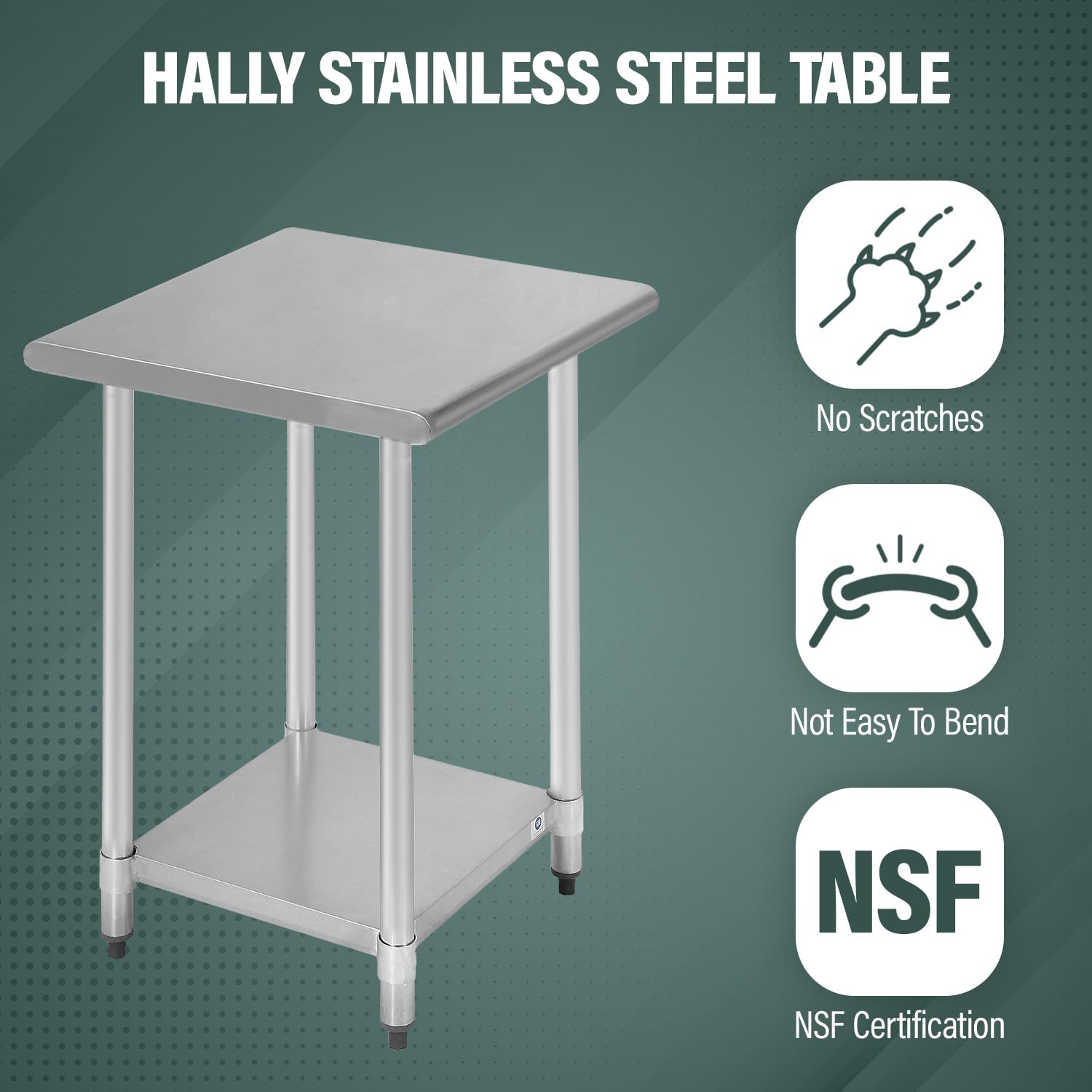 24x24 Inch NSF Certified Stainless Steel Commercial Kitchen Work Table with Undershelf & Adjustable Galvanized Legs - Heavy Duty Food Prep Table for Restaurants, Catering, and Home Kitchens