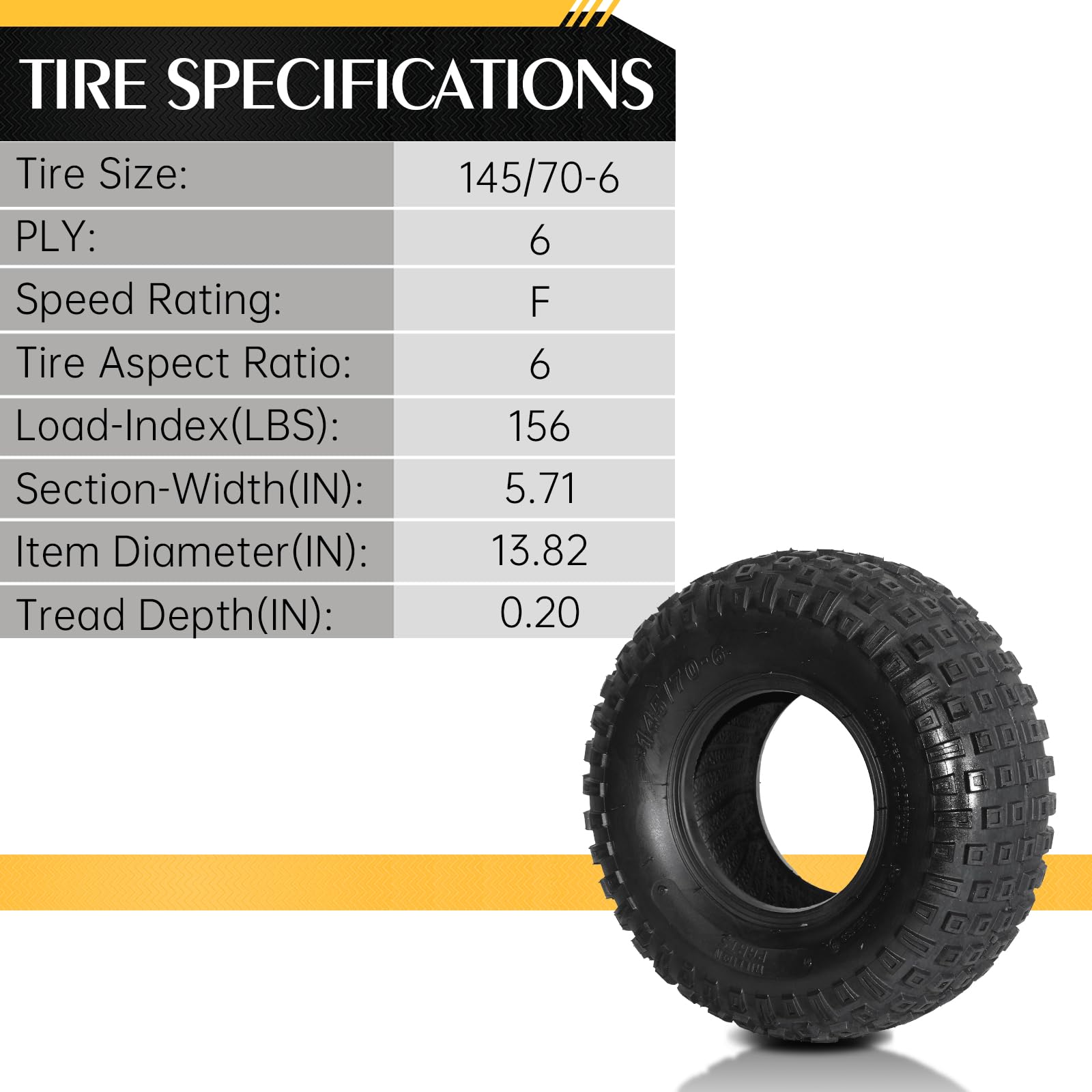 Motorhot 2-Pack 145/70-6 ATV Sport Tires - 6-PLY Tubeless Go-Kart Tires for Off-Road Racing & Trail Riding - Fits Most 6-Inch Wheel ATVs and Go-Karts