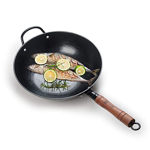ZhenSanHuan Premium Cast Iron Wok Pan - 14.1 Inch Flat Bottom, No Chemical Coating, Induction Compatible - Perfect for Stir Frying, Searing & Asian Cooking