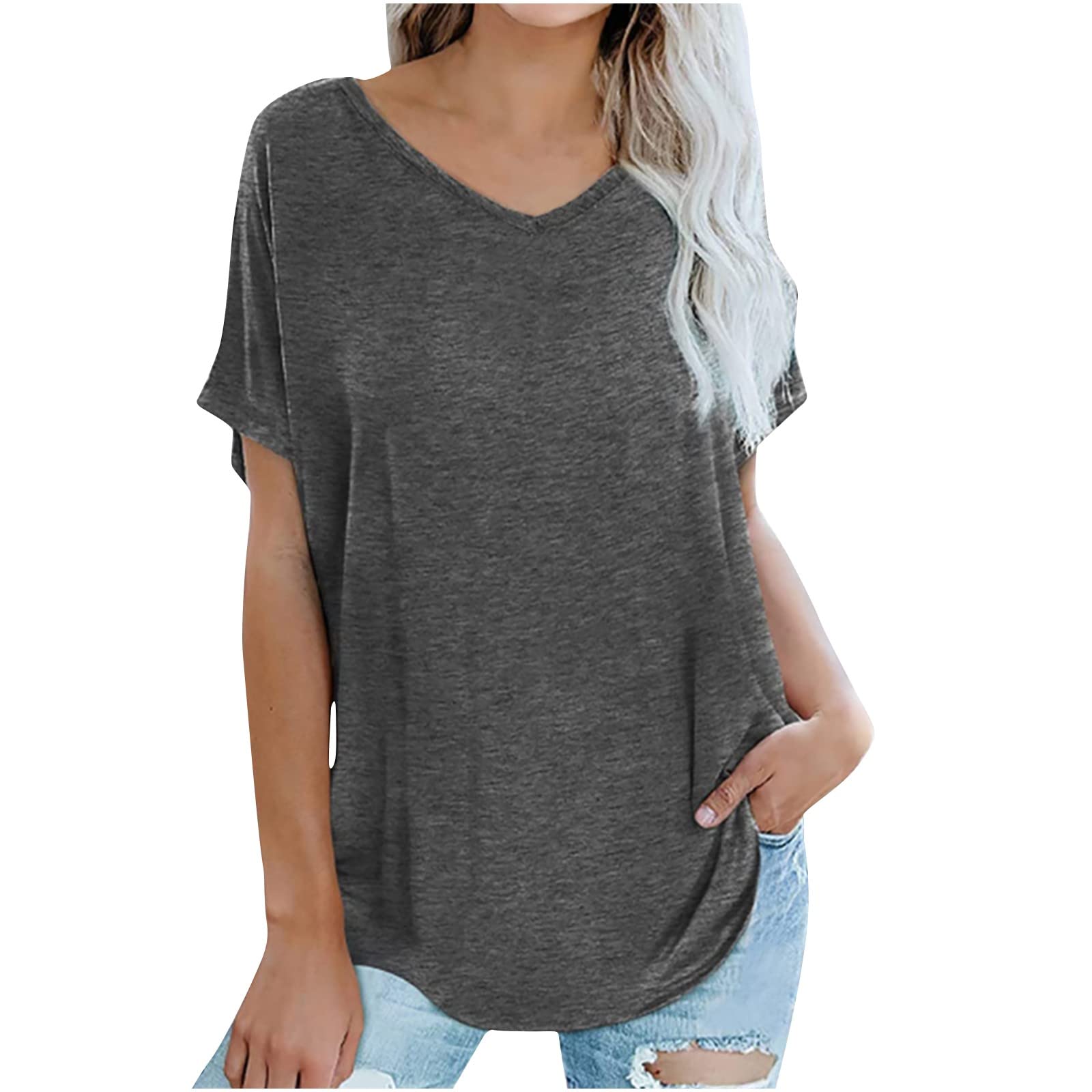 Women's Short Sleeve Summer Tops - Solid V-Neck Cotton T-Shirts, Loose Casual Tees & Comfortable Tunic Tops for Everyday Wear, Beach Outings & Summer Vacation