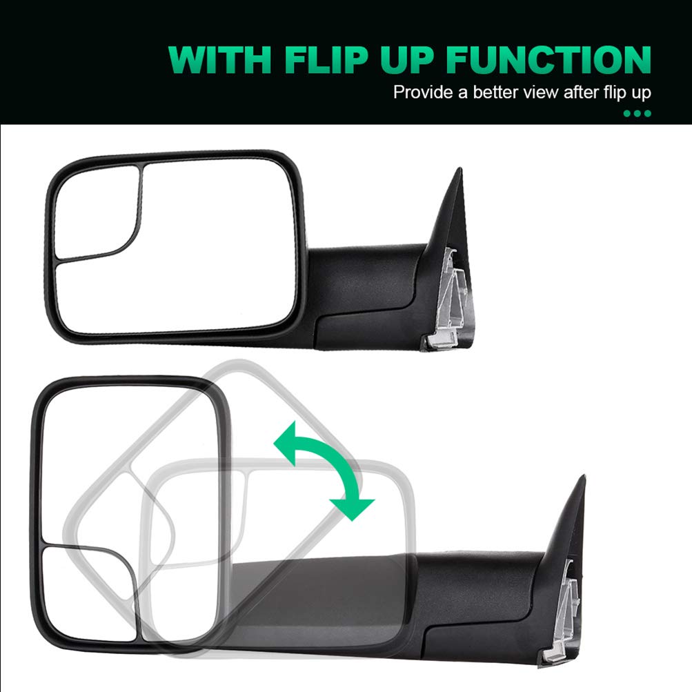 AUTOMUTO Manual Control Towing Mirrors - Black Non-Heated No-Turn Signal for Dodge Ram 1500/2500/3500 (1994-2002) - Driver & Passenger Side Tow Mirrors | Perfect for Towing Trailers, Boats & Heavy Loads