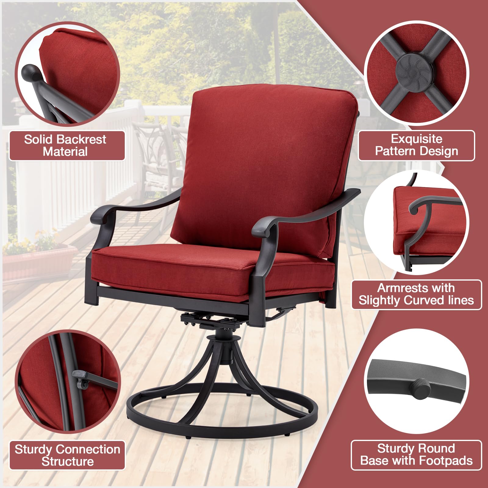 MELLCOM Heavy Duty Outdoor Swivel Dining Chairs Set of 2 with Thickened Cushions - Metal Patio Rocking Chairs for Garden, Lawn, Porch, Backyard & Poolside - Red (Perfect for Outdoor Entertaining, Relaxing & Dining)