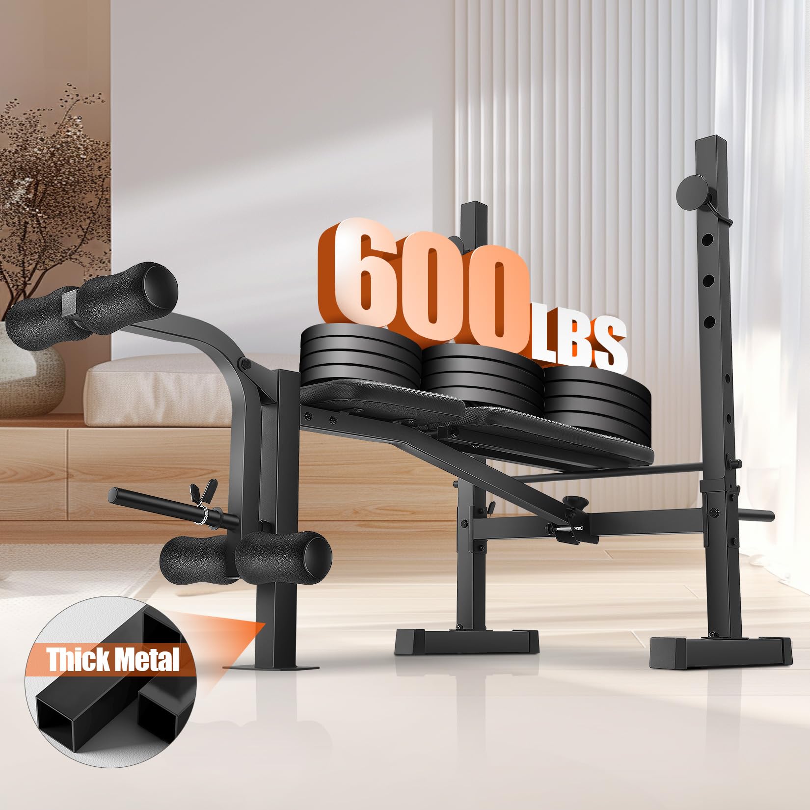 OPPSDECOR 600LBS Adjustable Weight Bench Set with Squat Rack & Leg Extension - Foldable Home Gym Equipment for Full Body Workout | Perfect for Strength Training, Muscle Building & Home Fitness