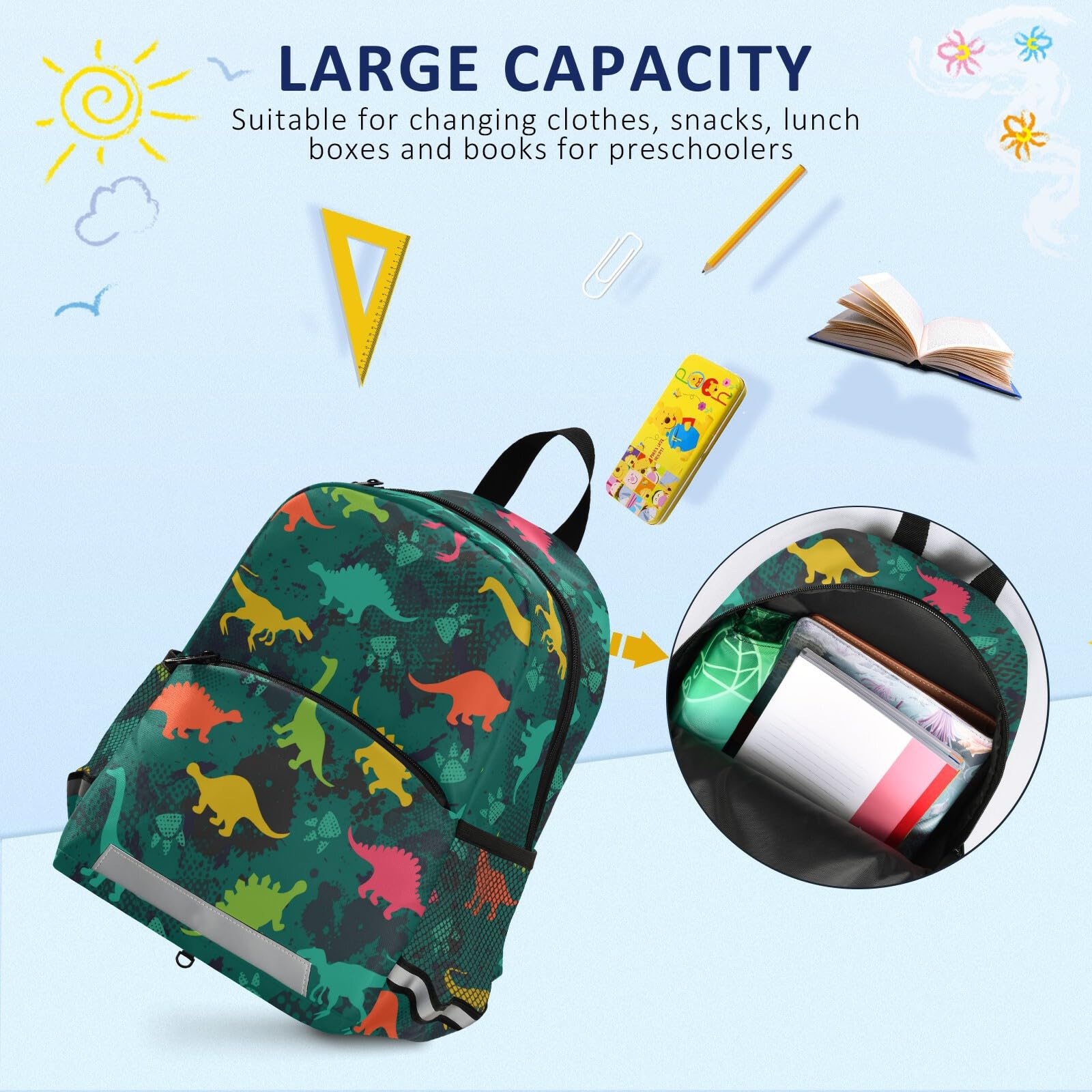 ZZKKO Dinosaur Themed Kids Backpack with Safety Leash - Anti-Lost Toddler Backpack for Boys & Girls, Preschool Daycare Bag (Green) - Perfect for School, Travel & Outdoor Adventures