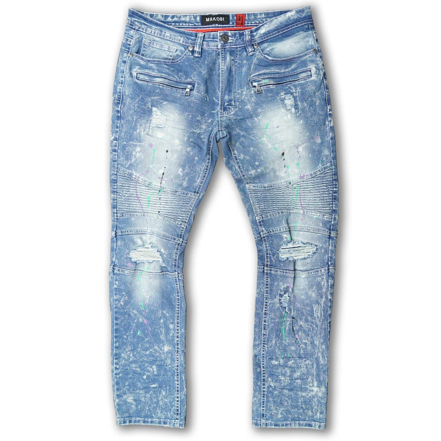 Men's Makobi Light Wash Super Sauce Biker Jeans - Stylish Slim Fit Denim Pants for Motorcycle Riding & Casual Wear