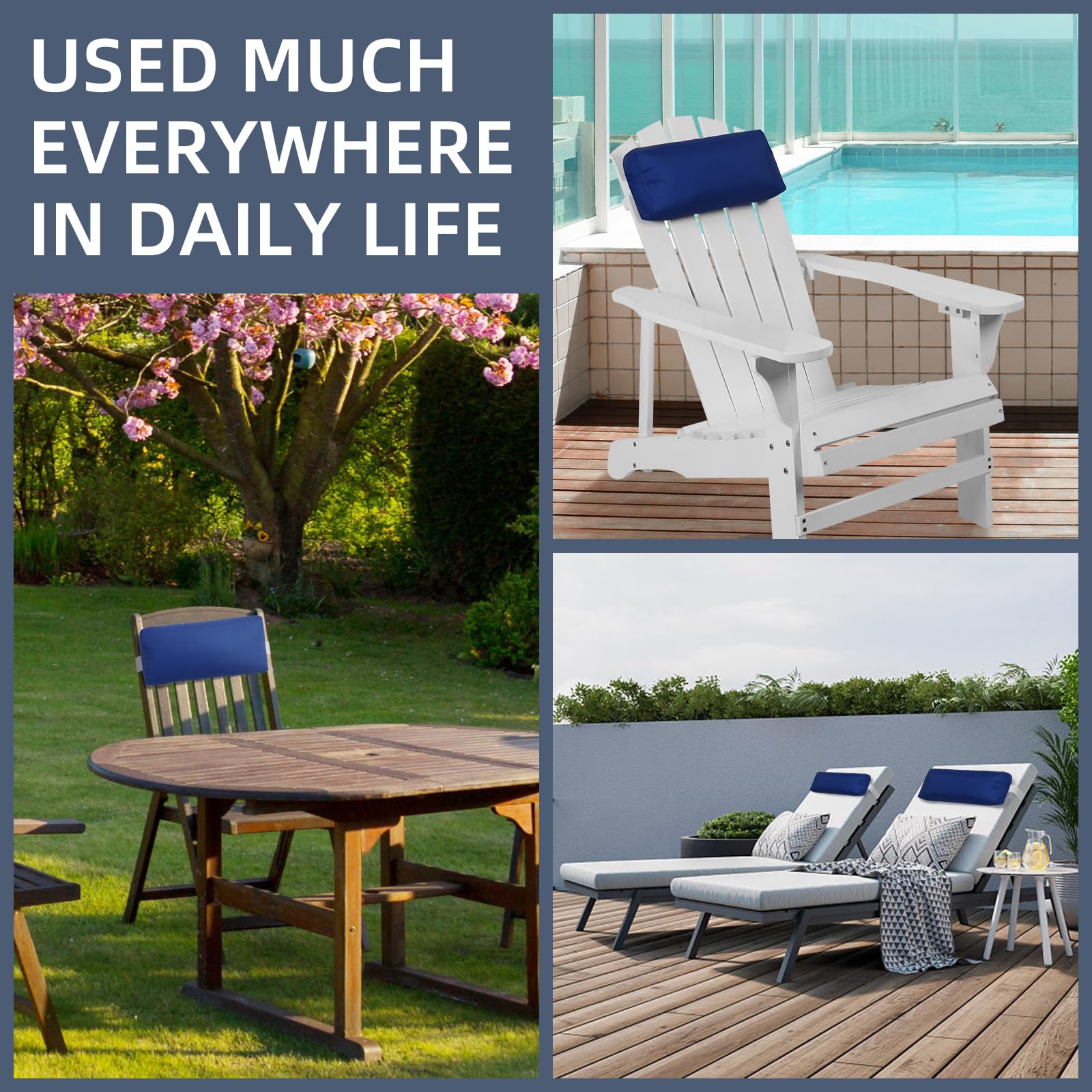 2 Pack Outdoor Chaise Lounge Pillows - Adjustable Elastic Headrest Cushions for Patio Recliners & Office Chairs (Dark Blue) - Perfect for Poolside Relaxation, Sunbathing & Backyard Lounging