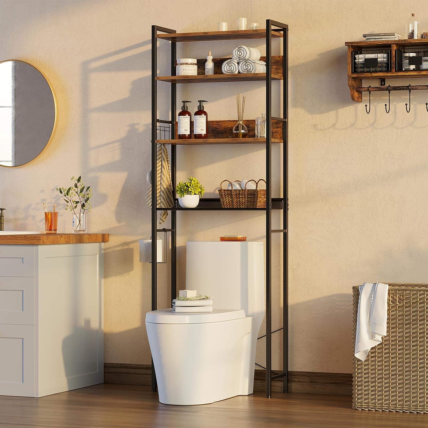 Rolanstar 4-Tier Over The Toilet Storage Organizer - Freestanding Bathroom Shelf with Hooks, Space-Saving Design for Small Bathrooms, Rustic Brown - Perfect for Towels, Toilet Paper & Bathroom Essentials Storage