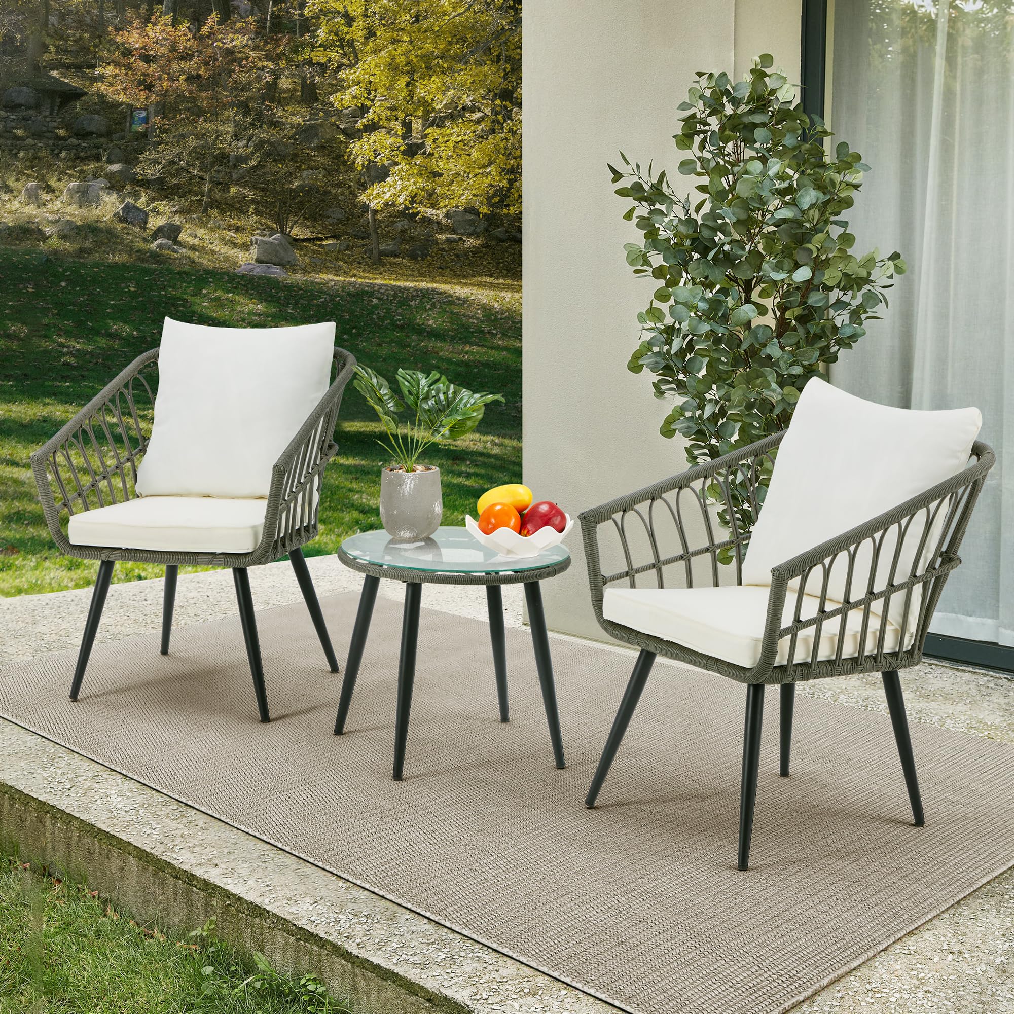 EcoTouge 3-Piece Wicker Bistro Set - Patio Rattan Dining Table with Glass Top & Cushioned Chairs - Outdoor Conversation Furniture for Porch, Backyard, Garden (Grey) - Perfect for Al Fresco Dining and Relaxing in Your Outdoor Space