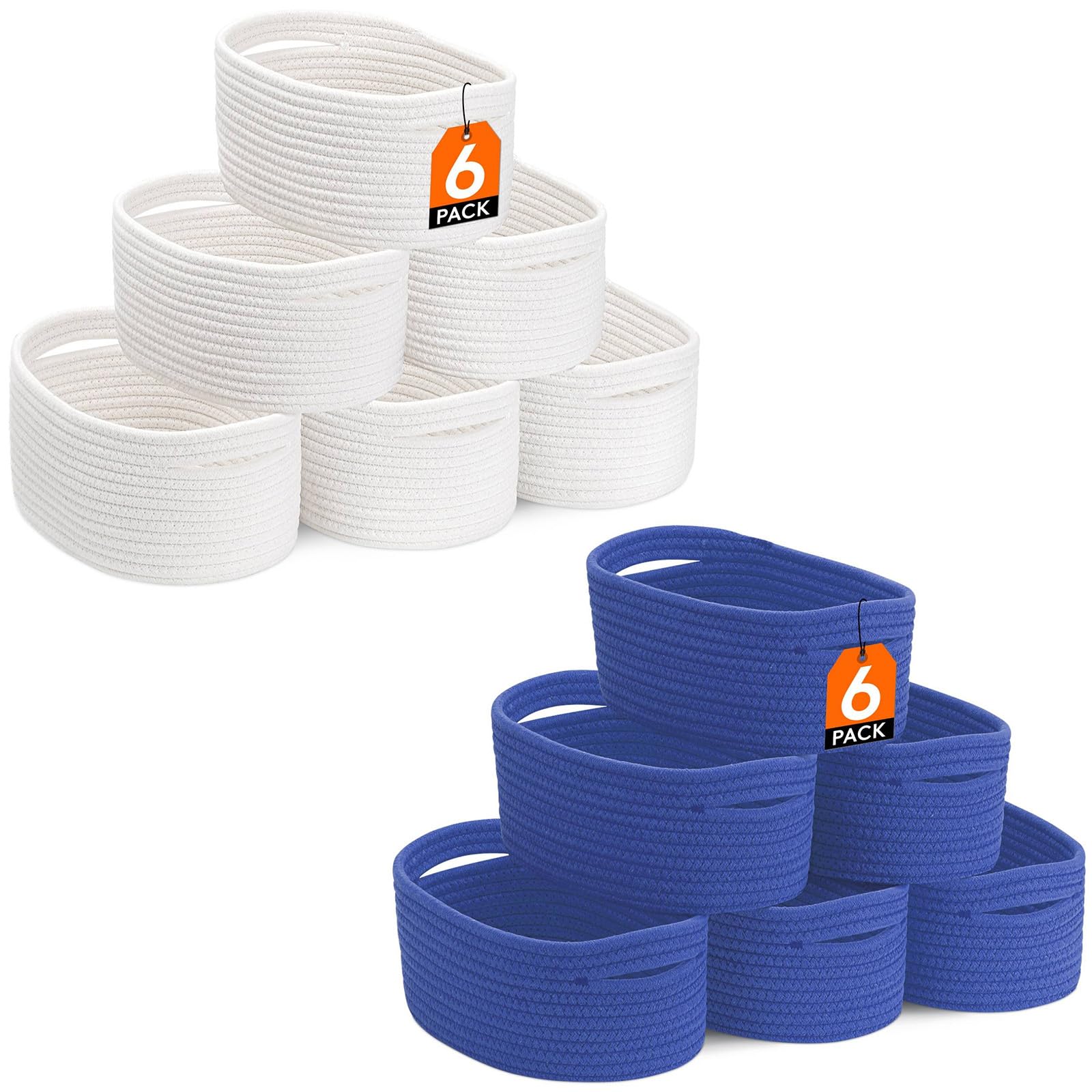12-Pack Woven Cotton Rope Storage Baskets - Small Cube & Round Organizer Bins for Closet, Living Room, Bedroom | Perfect for Toy Storage, Laundry Organization & Home Decor (White & Blue)