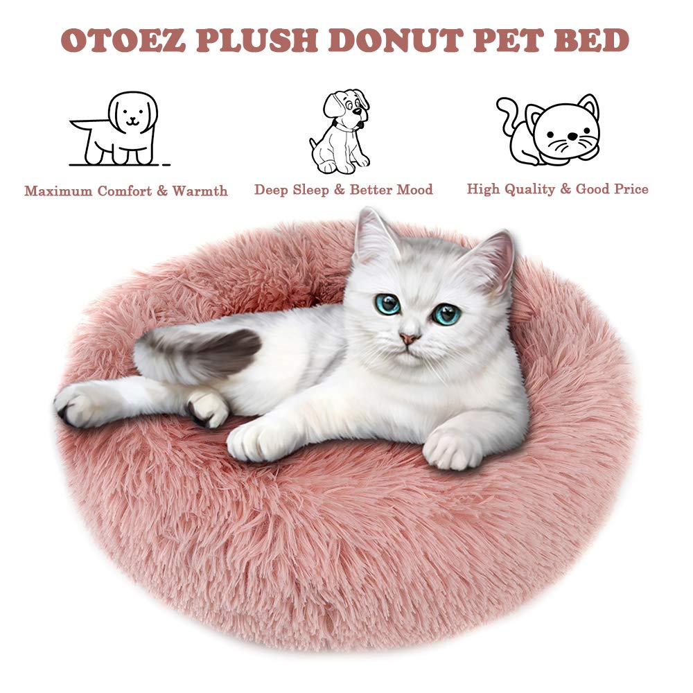 **Otoez Small Round Plush Donut Pet Bed for Puppies & Kittens - Anti-Anxiety Calming Dog & Cat Bed with Non-Slip Waterproof Bottom, Washable (15.7