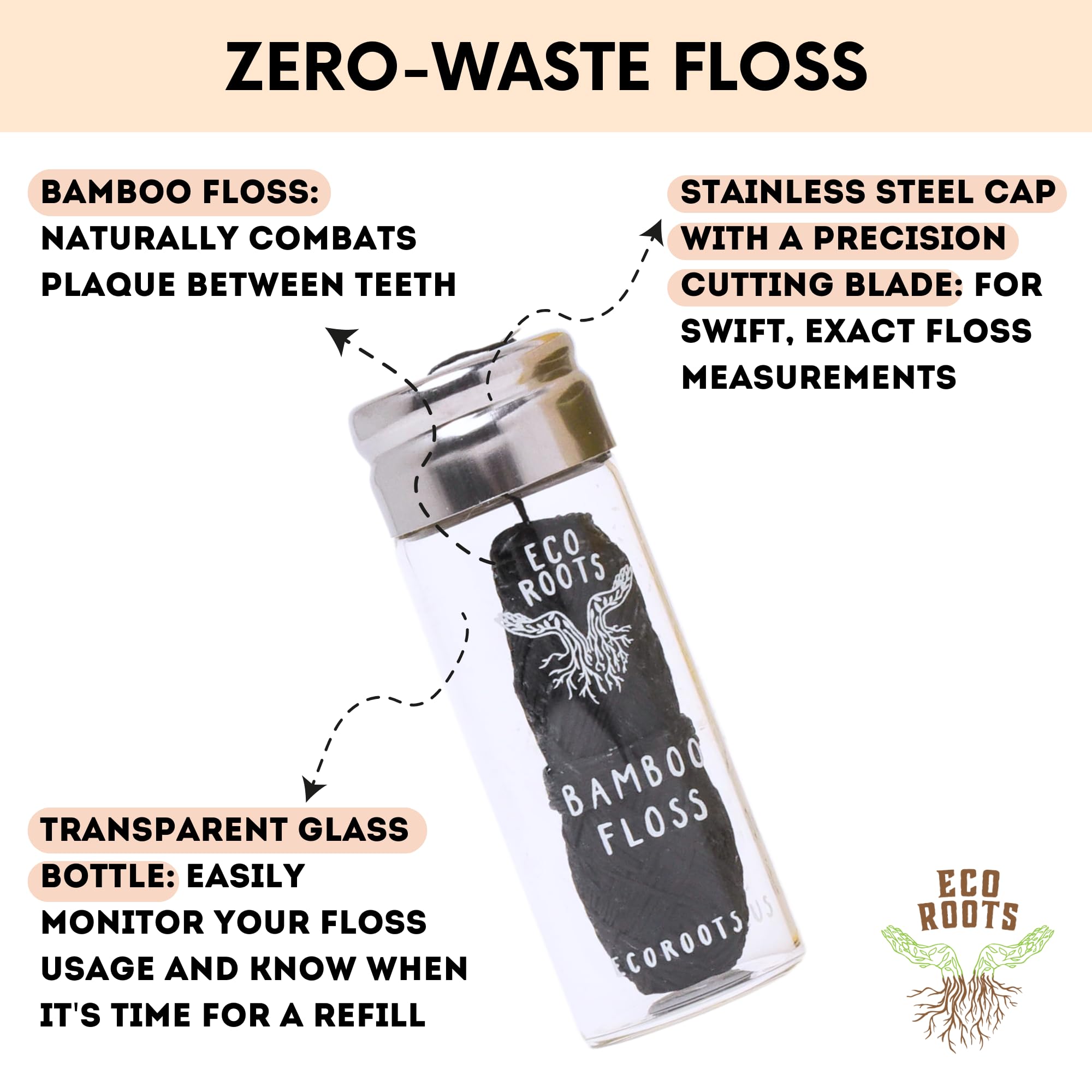Eco-Friendly Natural Bamboo Dental Floss - Refillable Glass Container with 3 Biodegradable Floss Refills (33 Yards Each) | Vegan, Non-Toxic, Zero Waste Oral Care | Perfect for Travel, Home & Sustainable Lifestyle
