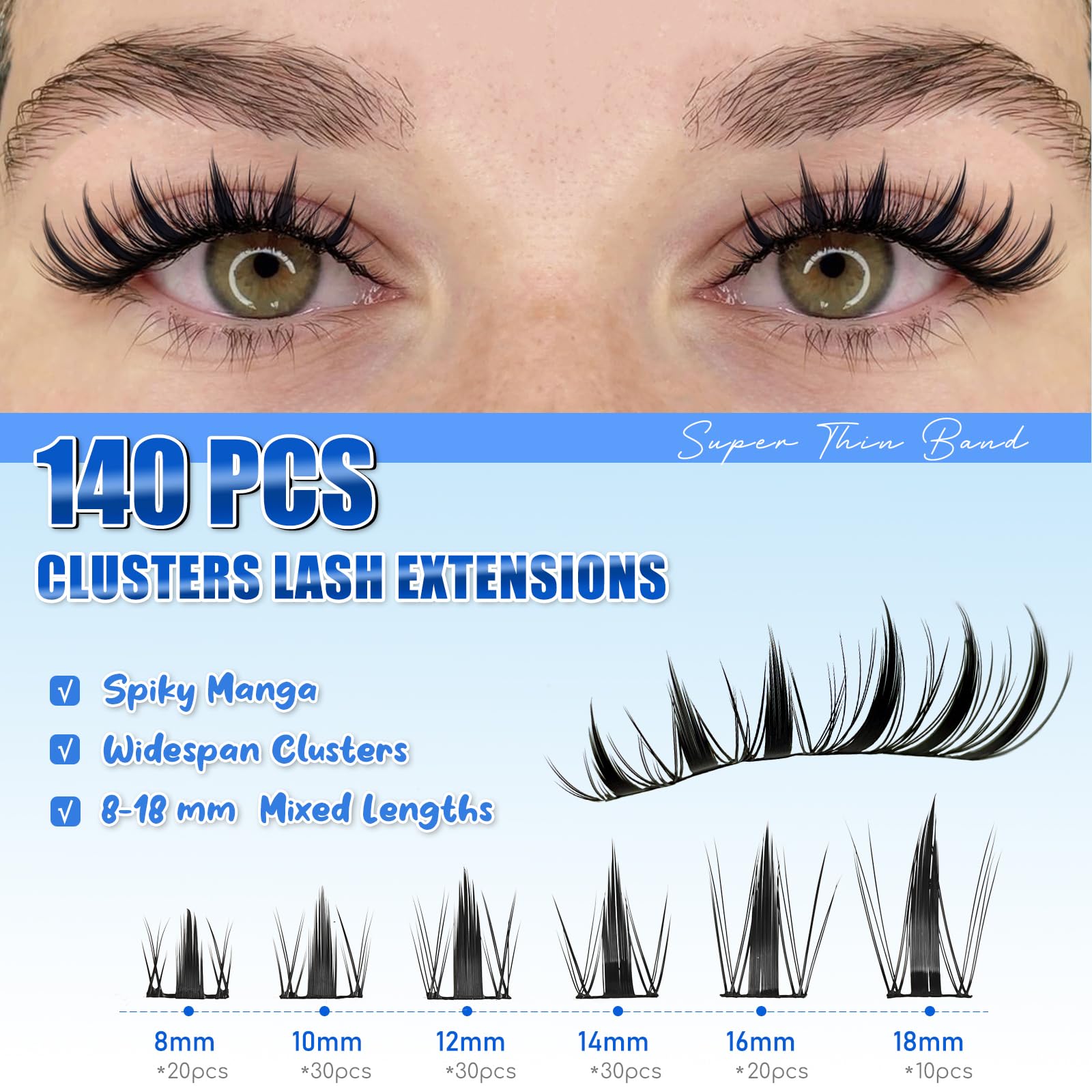 Fairy Lash Clusters Kit 8mm-18mm Manga C Curl Anime Eyelash Extensions - DIY Volume Natural Spike Lashes for Wet-Look Spiky Effect | Perfect for Cosplay, Halloween, and Dramatic Eye Makeup Looks