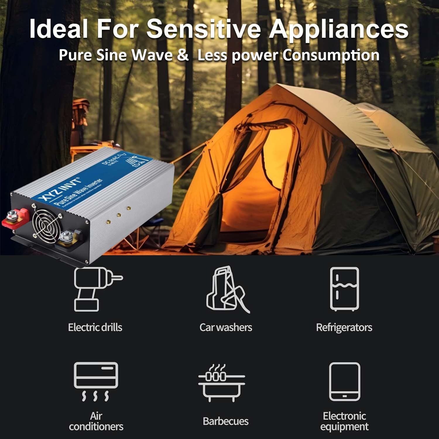 1800W Pure Sine Wave Power Inverter DC 12V to AC 110V/120V Converter with LED Display - 3600W Peak Output for RV, Camping, Home Backup & Small Appliances (Laptops, TVs, Refrigerators)
