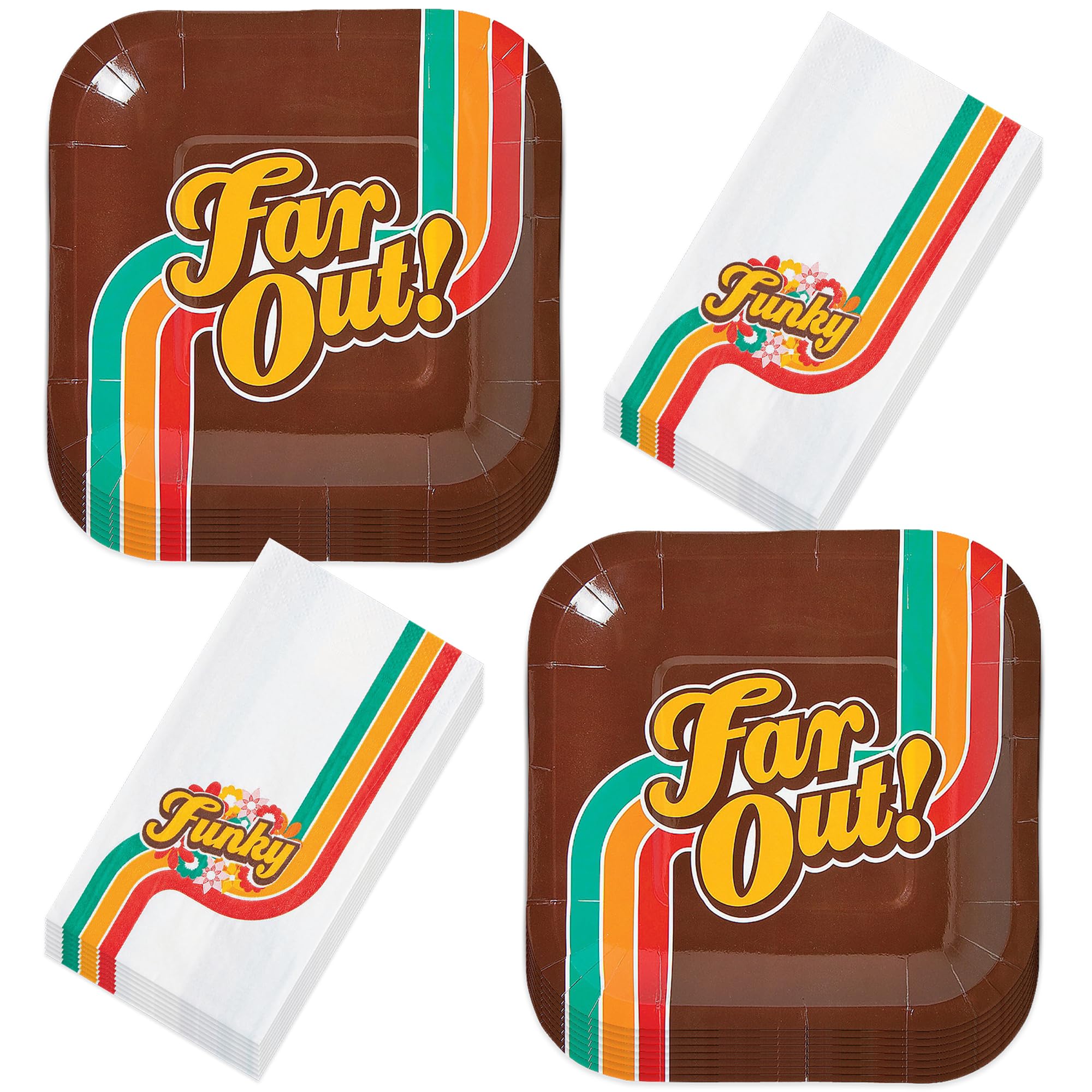 Vintage 70s Party Supplies - Groovy Disco Themed Square Paper Dessert Plates & Matching Napkins (16-Piece Set) for Retro Birthday, Themed Events & Hippie Decorations