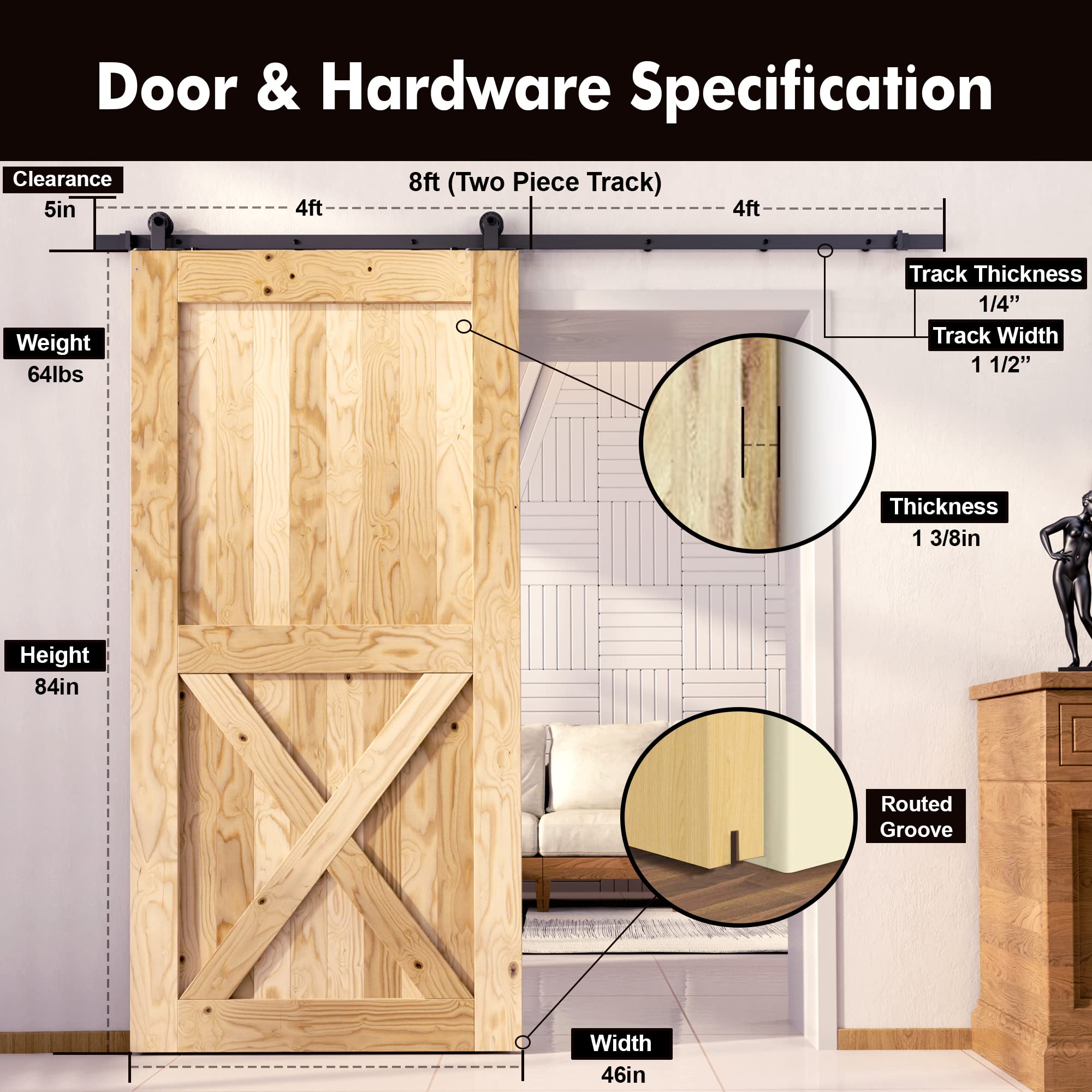 Homacer Black Rustic Non-Bypass Sliding Barn Door Hardware Kit - Single Door System for 46in Width x 84in Height - 8ft Flat Track with T-Shape Rollers - Perfect for Bedroom, Closet & Interior Spaces