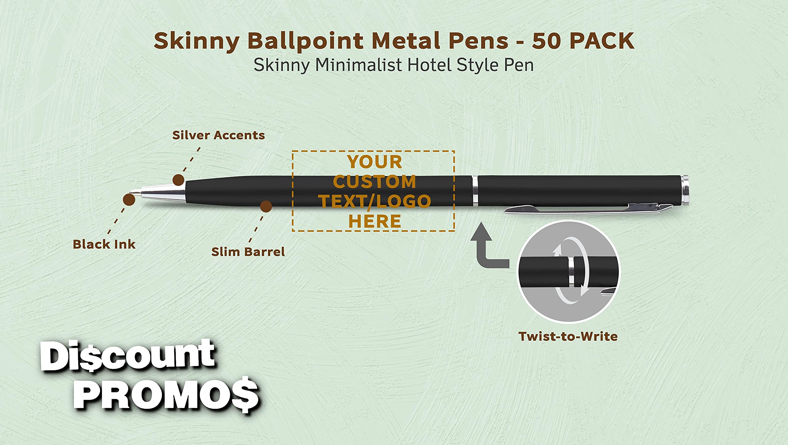 50 Pack Customizable Skinny Ballpoint Metal Pens with Black Ink - Engrave Your Logo/Text - Sleek Twist-Off Design for Office, School & Corporate Gifting