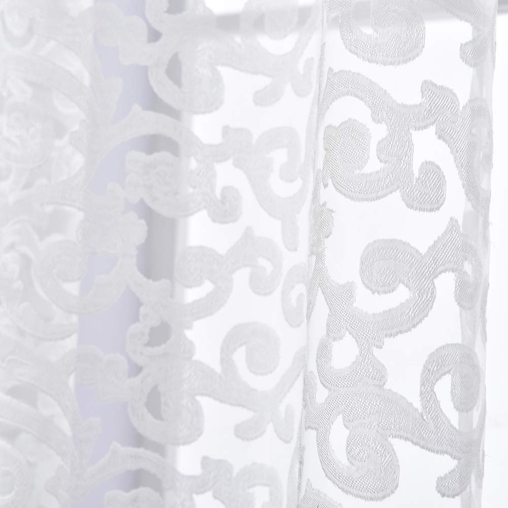 NAPEARL Elegant Jacquard Sheer Curtains 96 Inches Long - Light Filtering Voile Drapes with Pencil Pleat, Set of 2 Panels (52x96 Inch Each, White) for Living Room, Bedroom & Office Windows