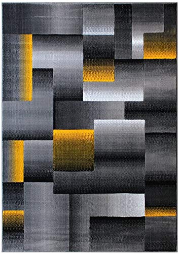 Modern Contemporary Boxes Area Rug in Yellow, Grey & Black - 8x10 Feet Soft Non-Slip Living Room Rug for Bedroom, Office & Home Decor