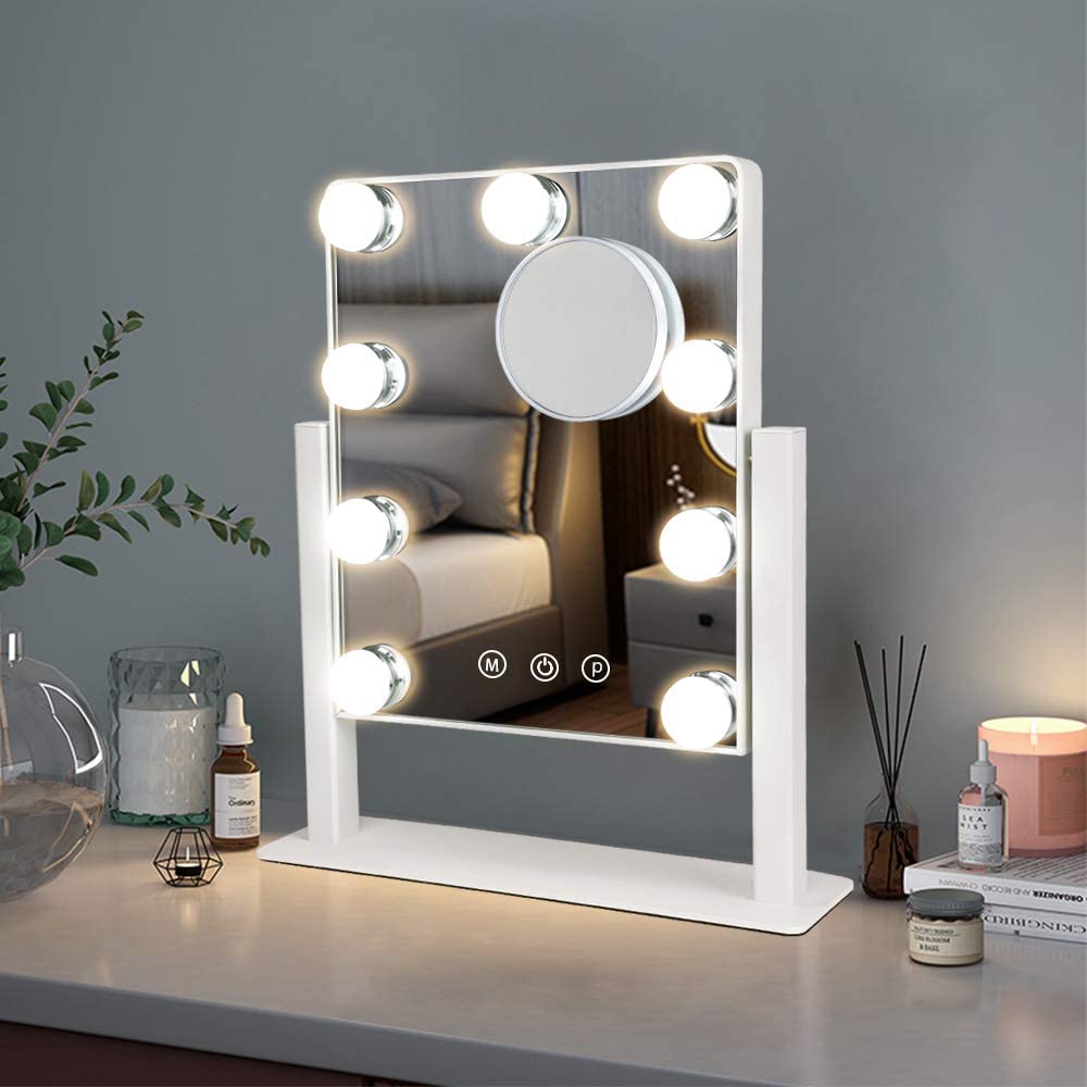 Depuley 14 x 12 Inch Hollywood Vanity Mirror with Lights - 10X Magnification, 9 Dimmable LED Bulbs, Touch Screen & 360° Rotation - White Makeup Mirror (35 x 30 cm) for Bedroom, Dressing Room & Beauty Salon