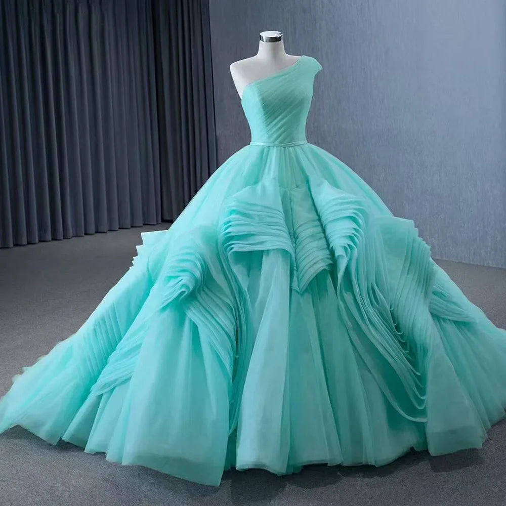 Serene Hill Luxury Custom Light Green One Shoulder Lace-Up Beaded Wedding Ball Gown - Perfect for Bridal Ceremonies, Evening Galas & Formal Events