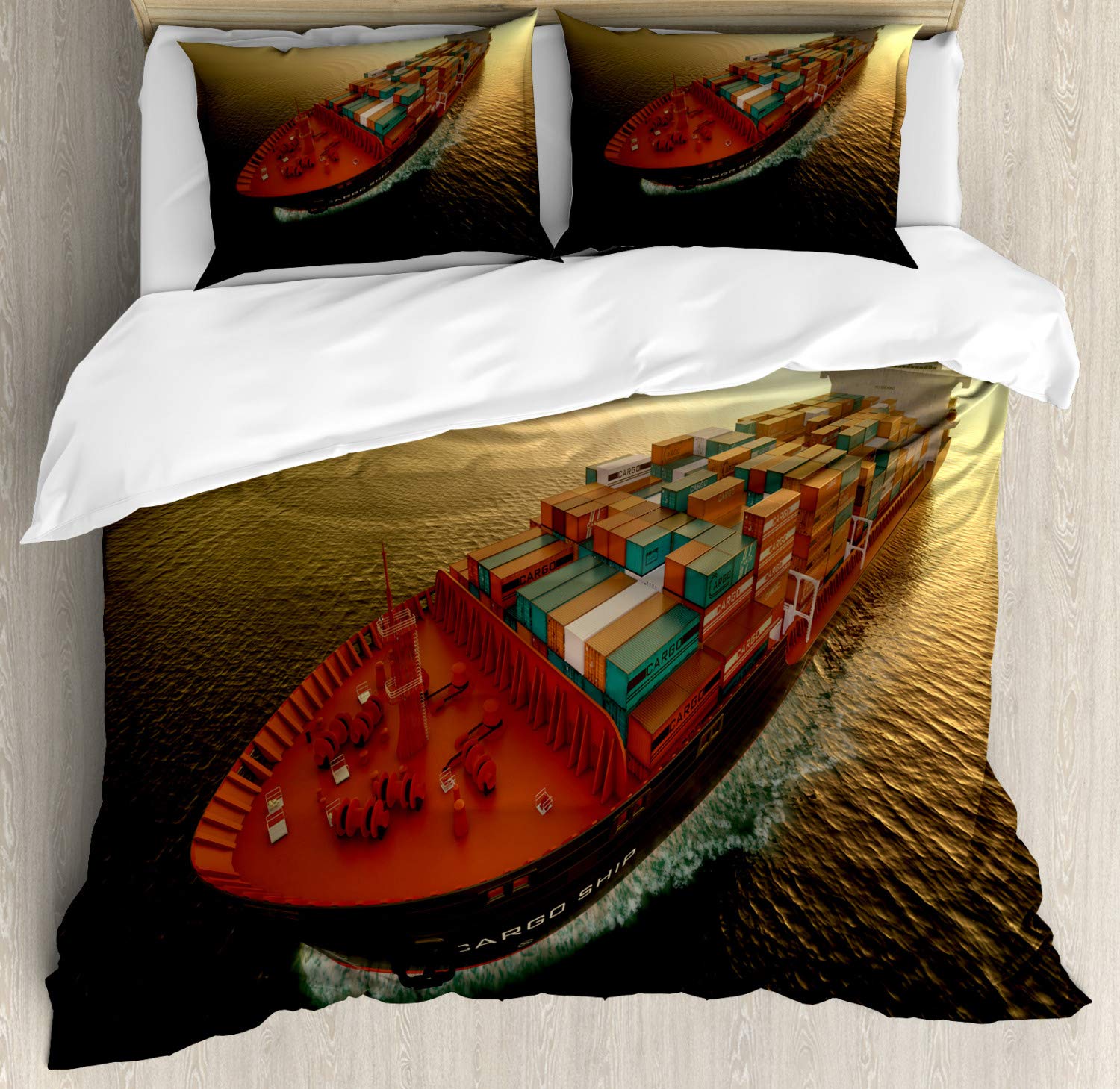 Ambesonne Maritime King Size Duvet Cover Set - 3 Piece Nautical Bedding with 2 Pillow Shams | Industrial Container Ship Sunrise Ocean Photo Design | Multicolor Luxury Home Decor for Coastal & Modern Bedrooms